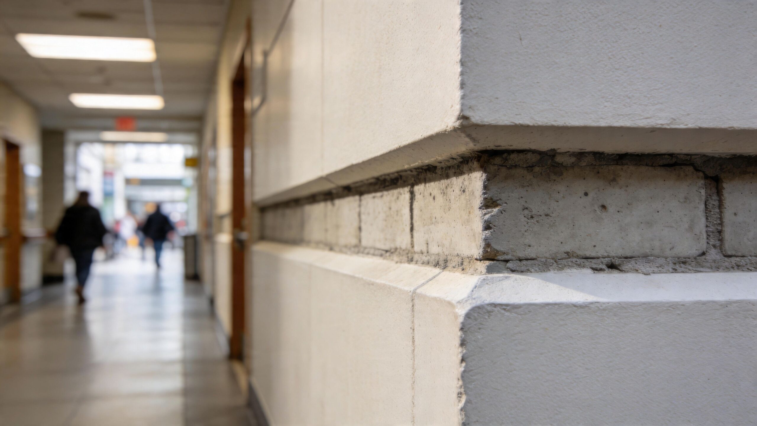 Nærbillede af et ujævnt og beskadiget hjørne på en hvid væg i en travl offentlig gang