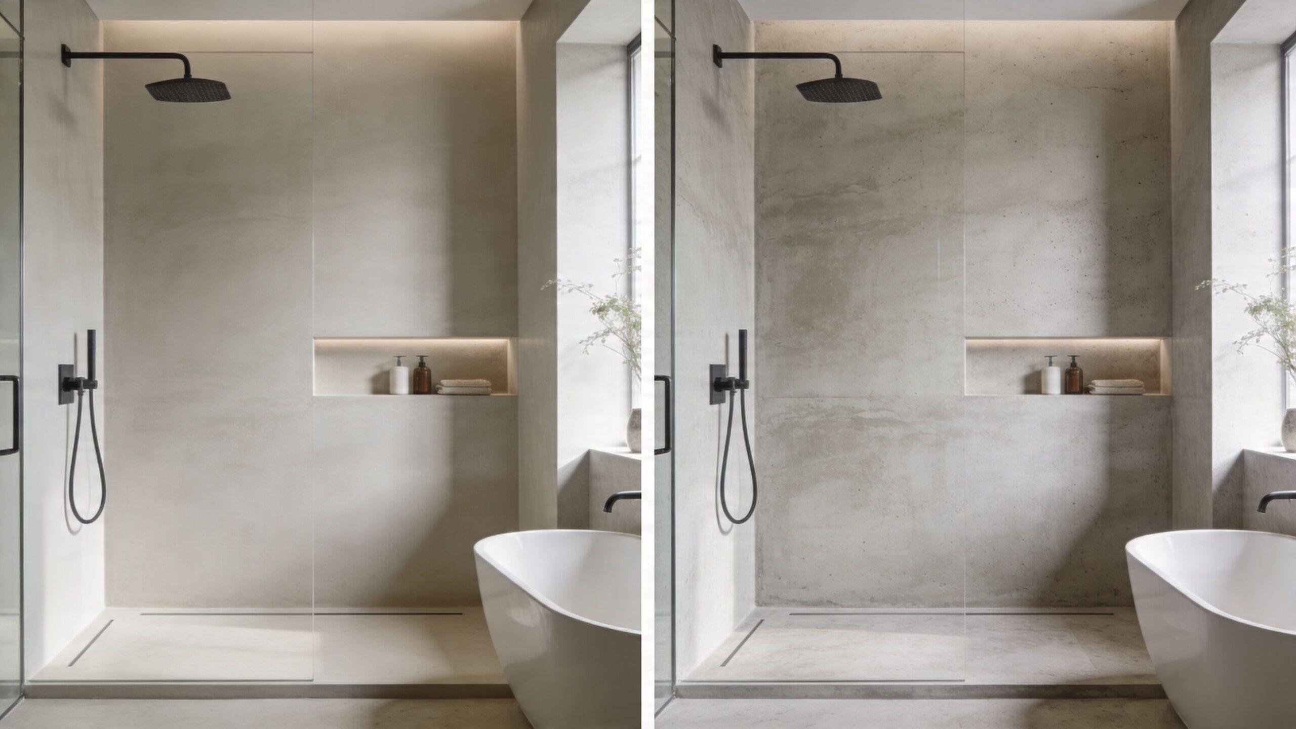 Moderne badeværelse med walk-in bruser, betonvægge og fritstående badekar til badeværelsesdesign og boligindretning.