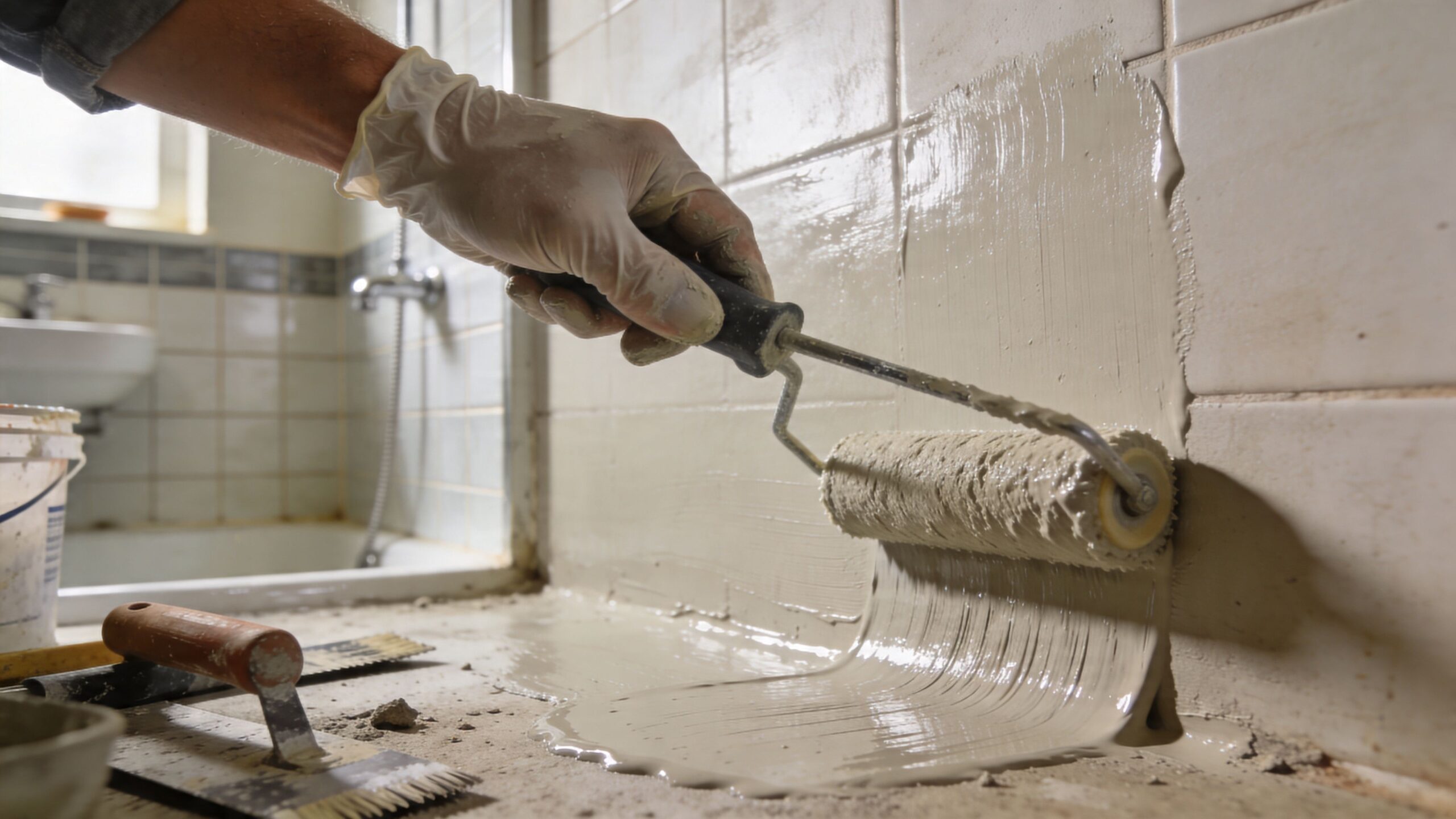 En hånd med en malerrulle påfører vandtæt maling på fliserne i et badeværelse under en renovering.