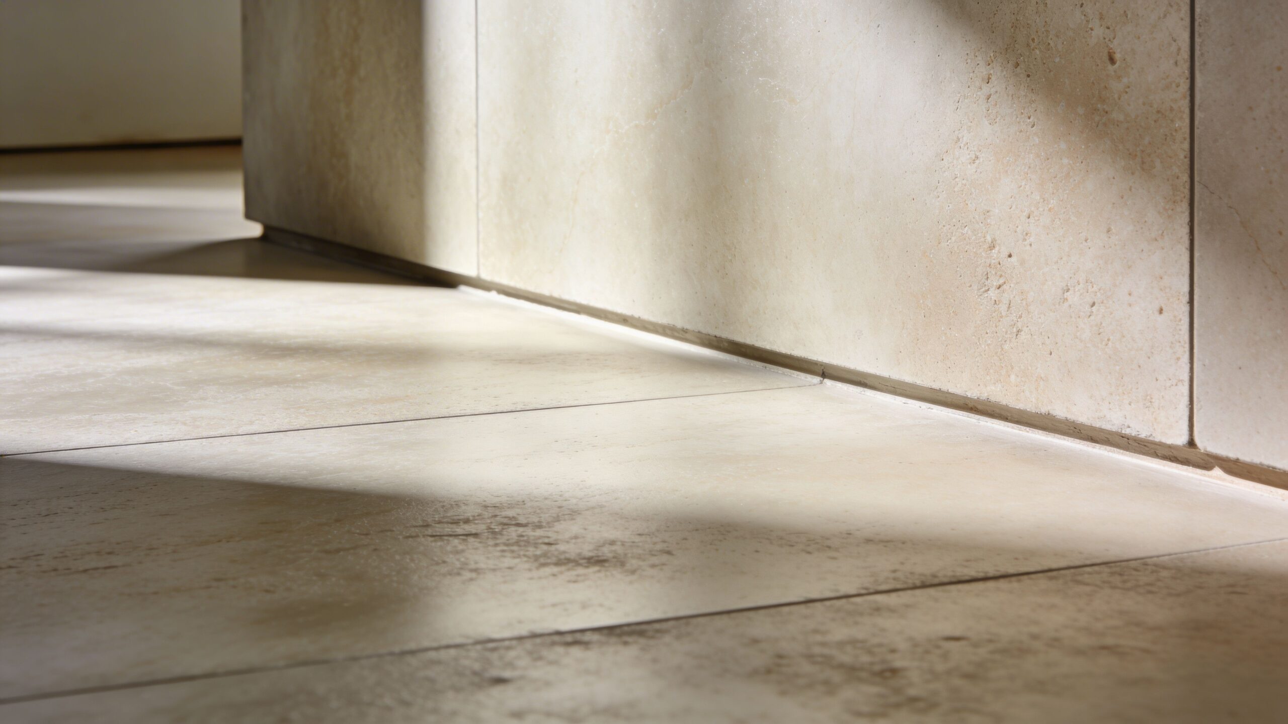 Nærbillede af et lyst gulv belagt med mikrocement, der møder en flisevæg i moderne interiørdesign med lysindfald.