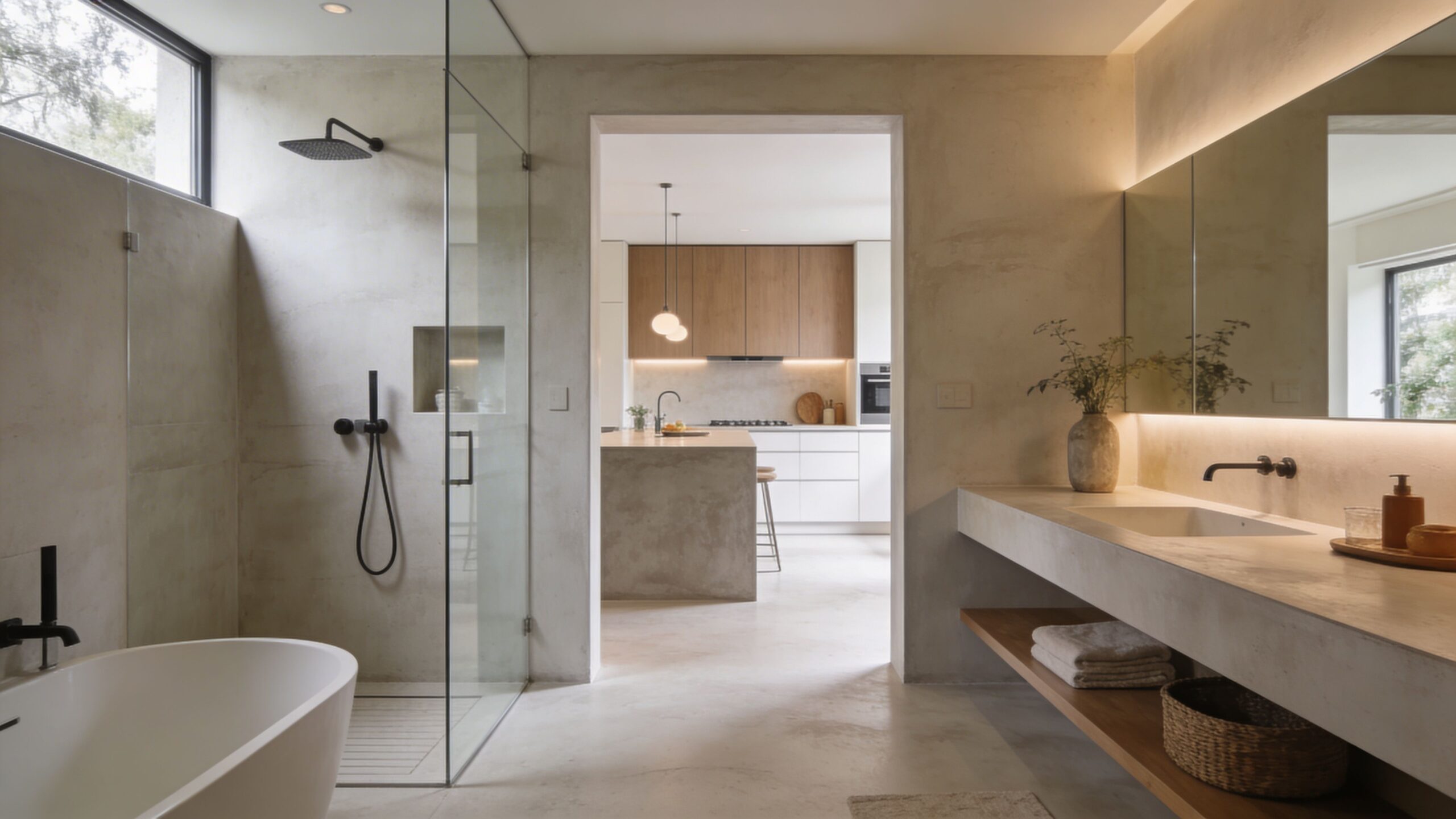 Et moderne badeværelse i minimalistisk stil med microcement-vægge, fritstående badekar, brusekabine og et elegant lyst træmøbel.