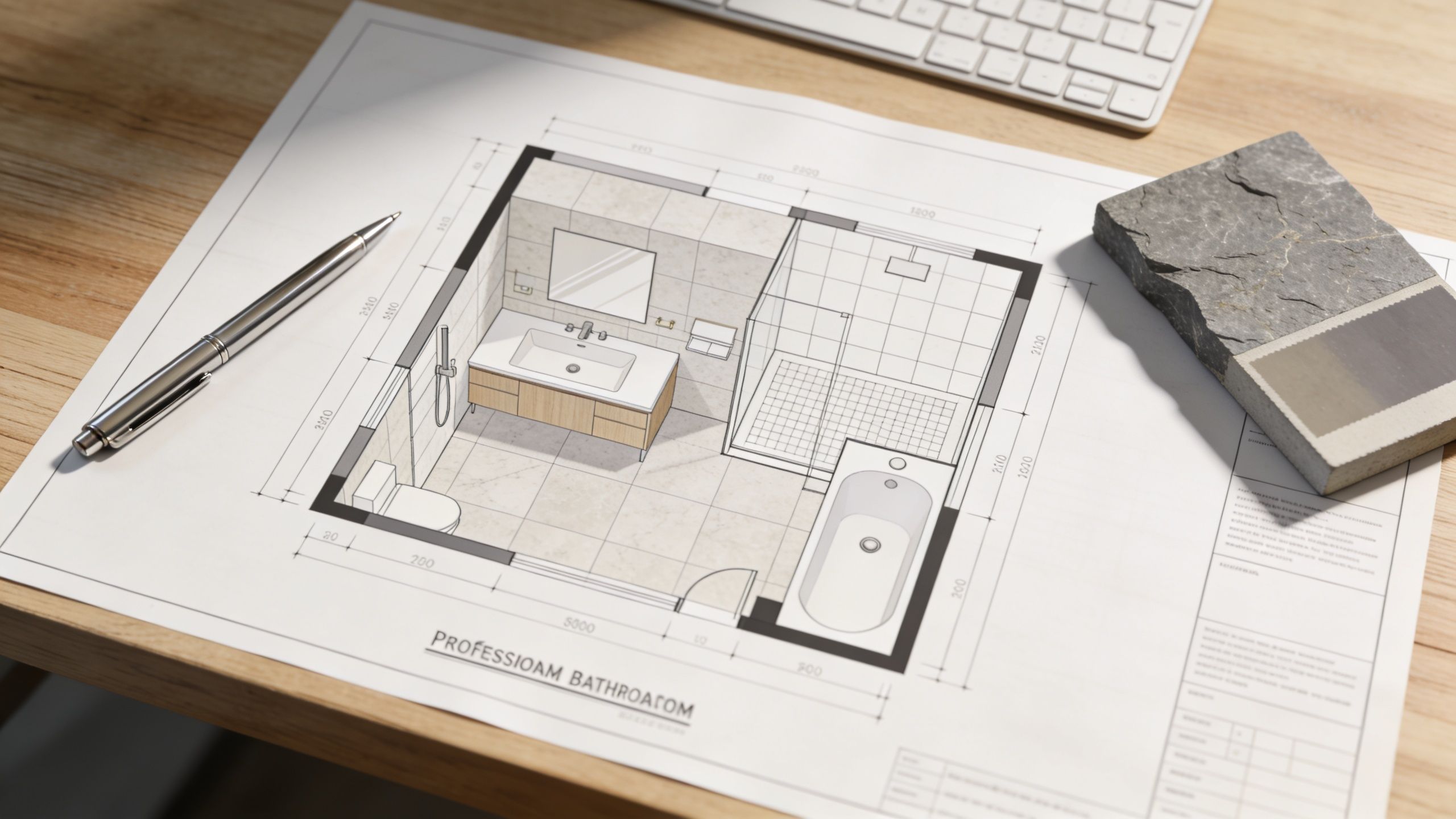 En plantegning af et moderne badeværelse placeret på et træbord sammen med en pen og materialeprøver.