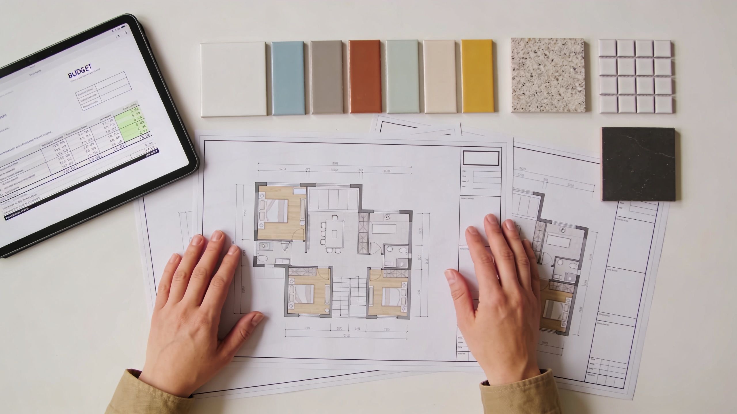 En person sidder ved et bord med arkitekttegninger, fliseprøver og en tablet med et budgetark til renovering.