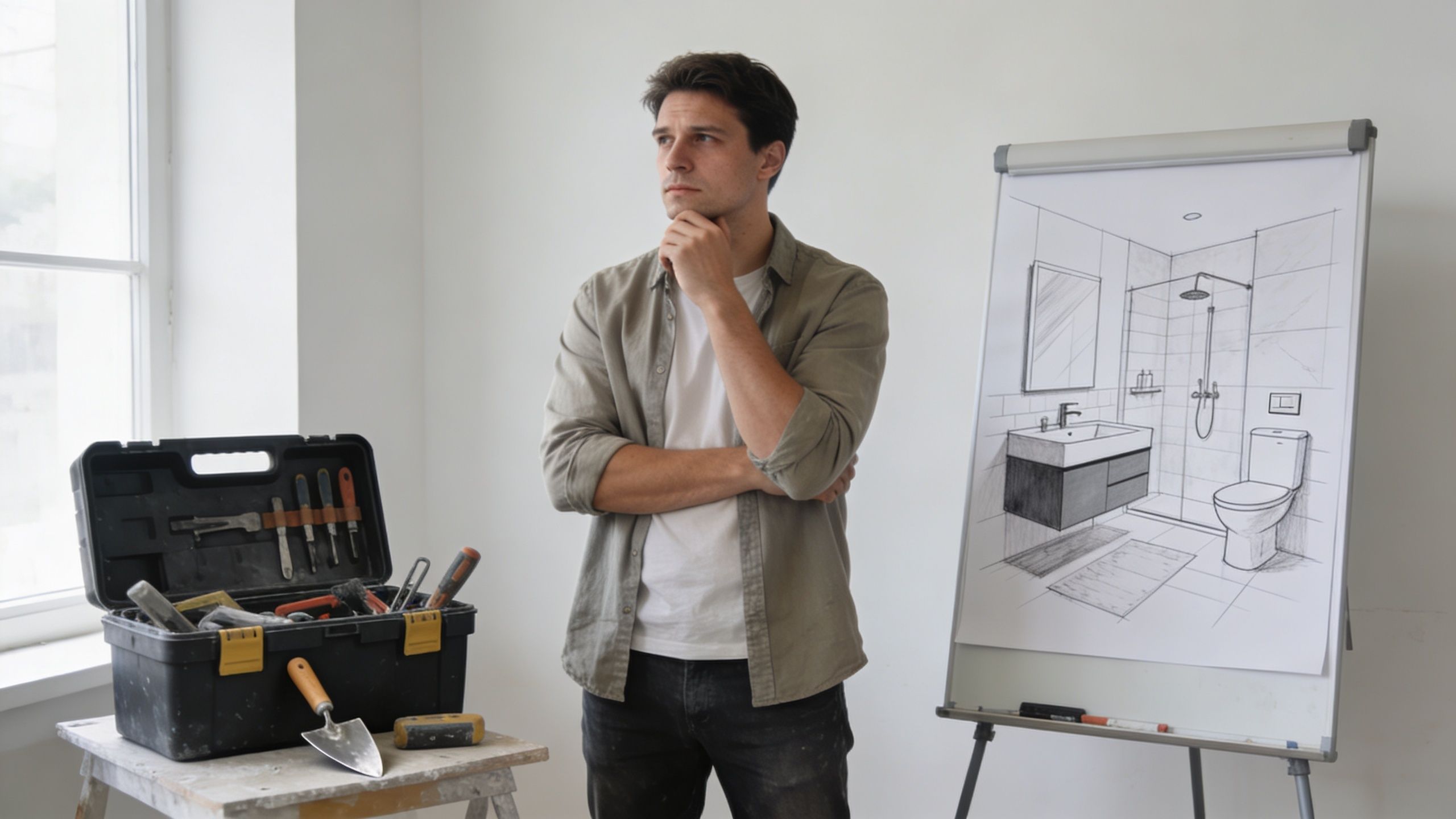 En mand står ved siden af en værktøjskasse og en skitse af et nyt badeværelsesdesign i et rum.
