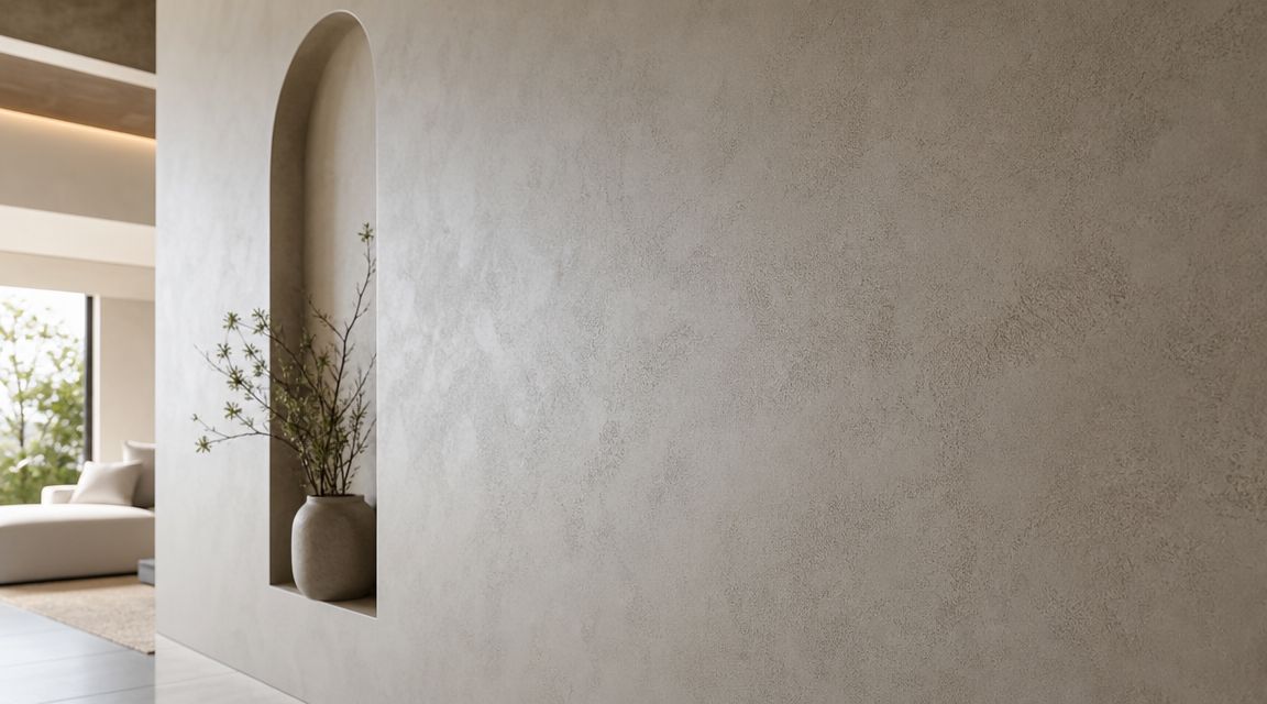 En elegant beige væg med en indbygget hvælvet niche, dekoreret med en simpel vase og grønne grene.