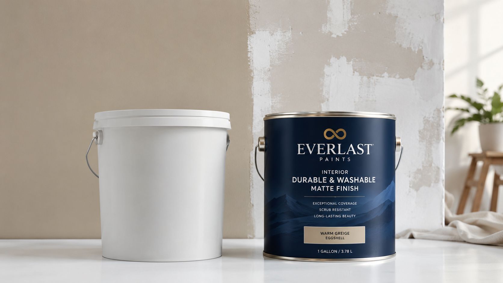 To bøtter maling, hvoraf den ene er blå med Everlast Paints logo, står foran en væg.