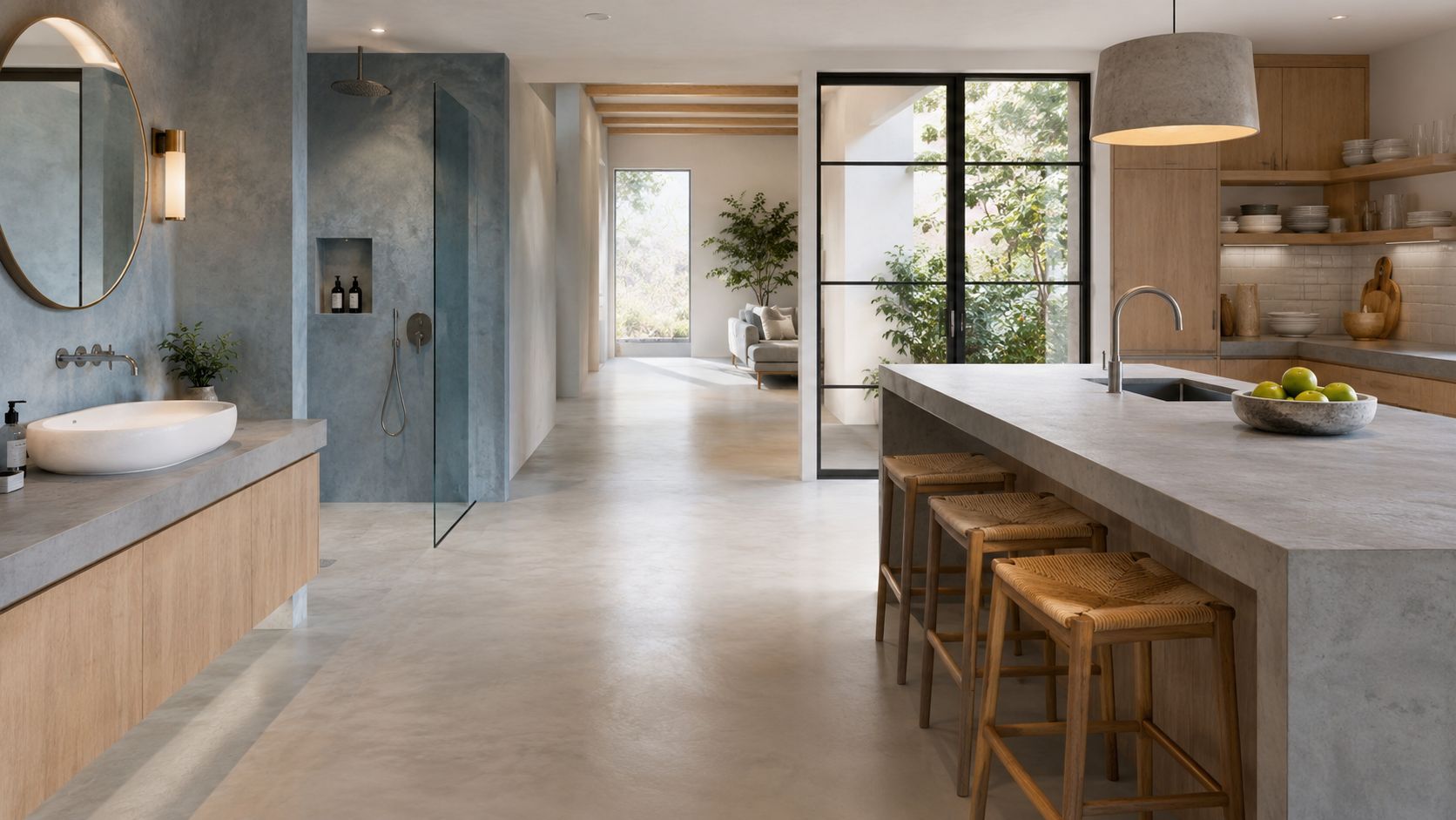 Et moderne åbent hjem med minimalistisk badeværelsesområde, køkkenø og en lys stue i baggrunden.
