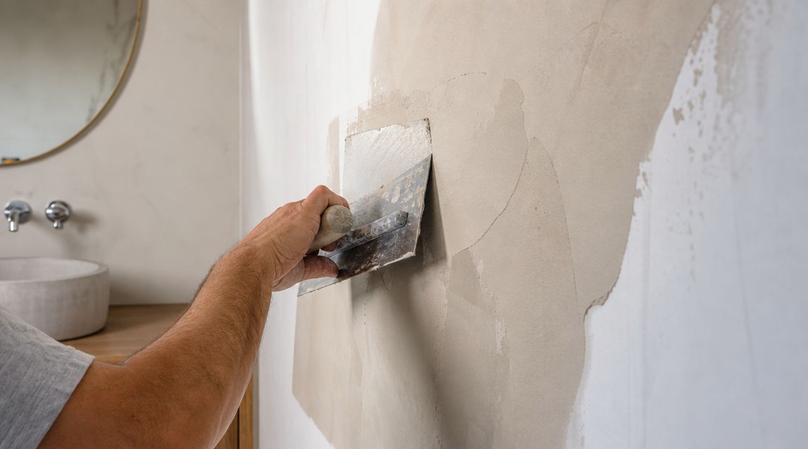 En håndværker er i gang med at spartle en væg på et badeværelse under en renovering.