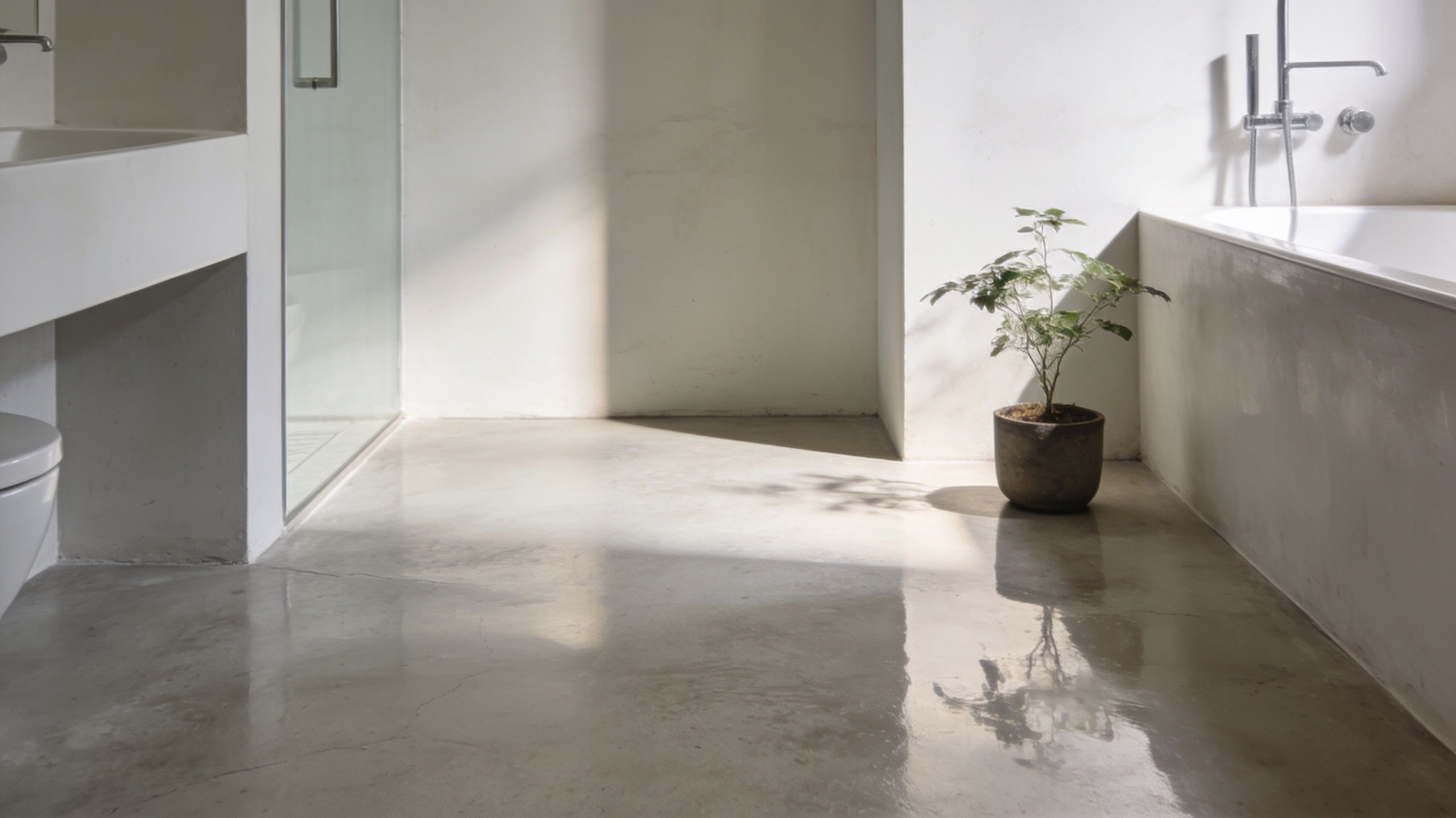 Et lyst og minimalistisk badeværelse med poleret betongulv, badekar og en grøn plante i et hjørne.