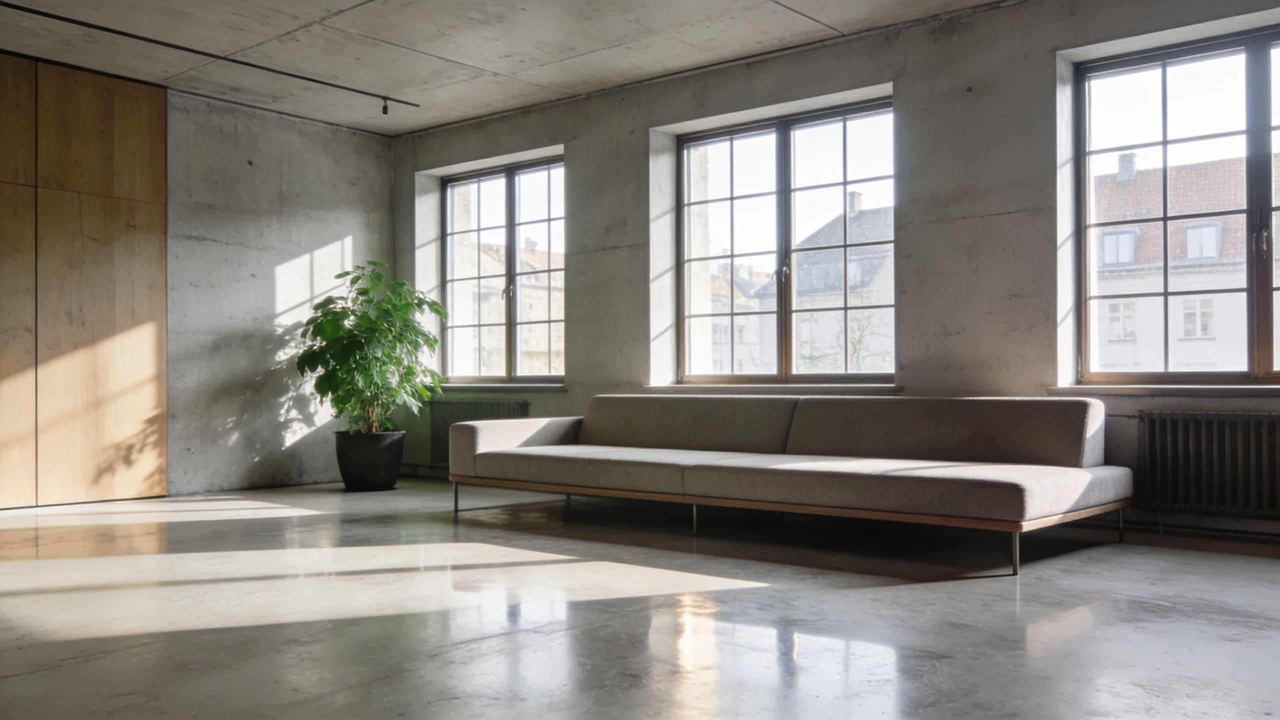 En moderne stue med betonvægge, poleret betongulv, en stilren sofa og en grøn potteplante ved vinduet.