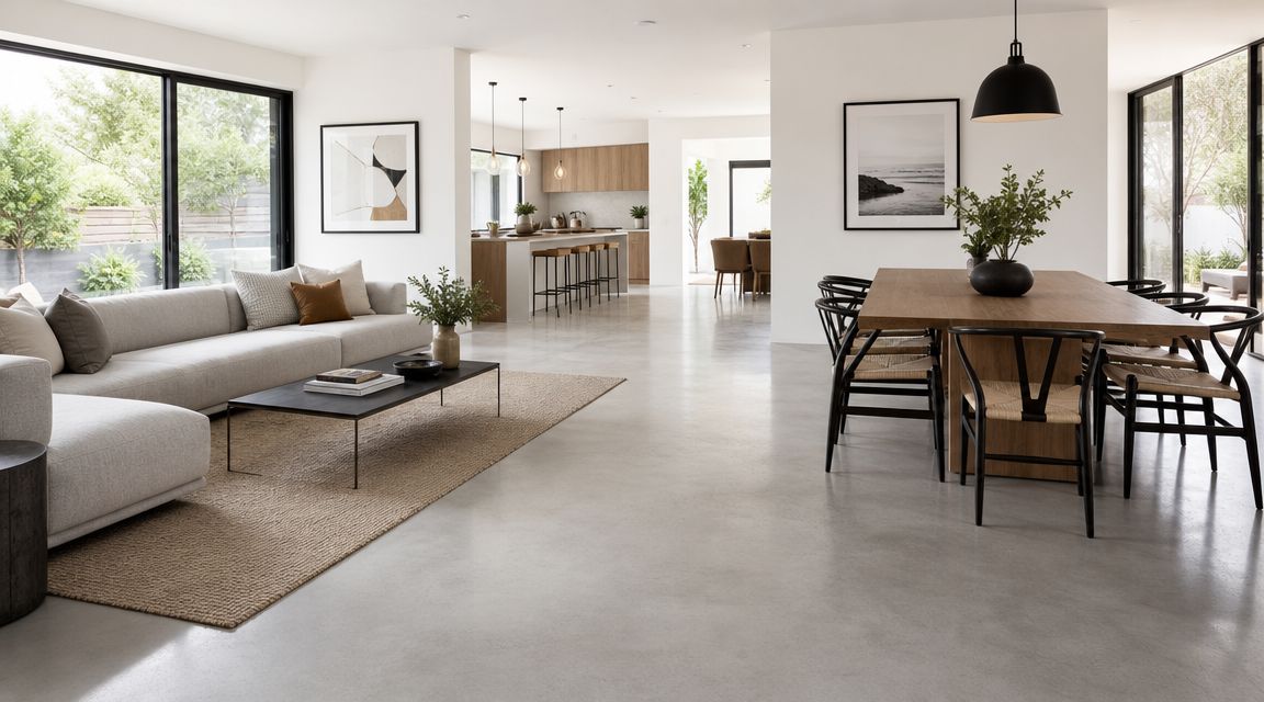 Moderne åbent opholdsrum med stue, spiseplads og køkken med stilfulde møbler og et elegant betonlook gulv.