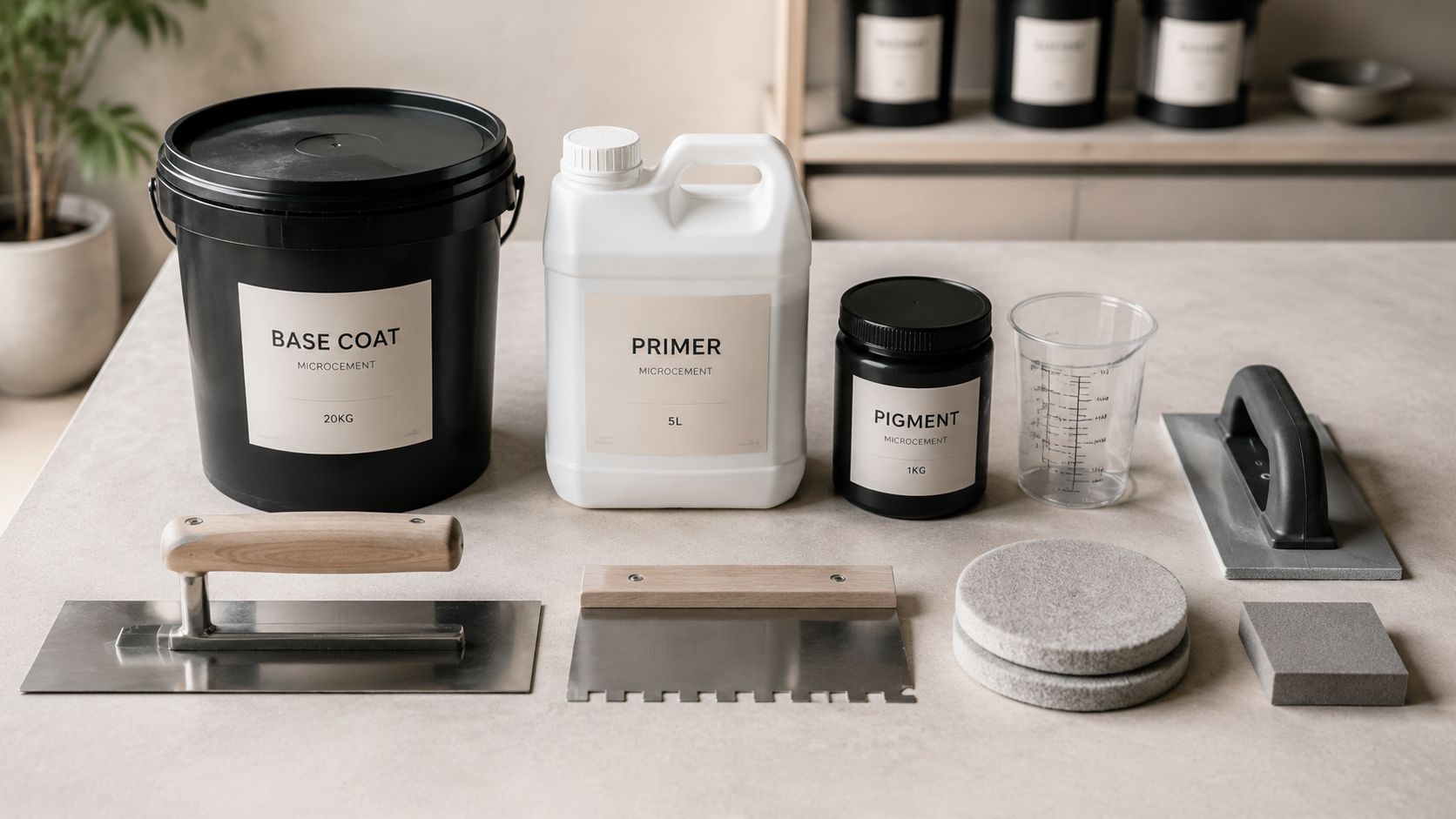 Sæt med mikro-cement produkter, værktøj og materialer til gør-det-selv projekt på en bordplade i lyst rum.