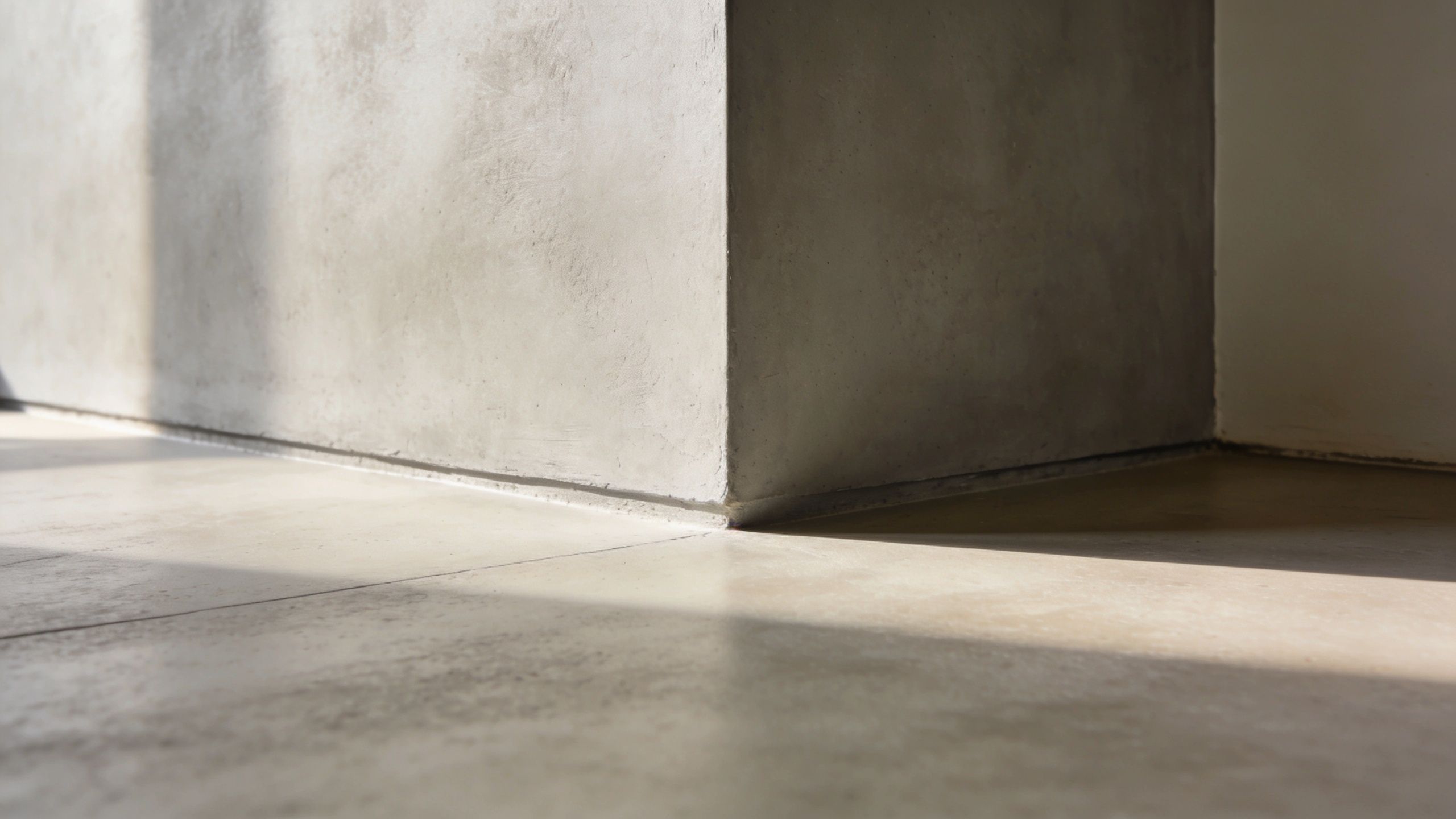 Et nærbillede af et hjørne i en moderne minimalistisk stue med betonvægge og polerede betongulve i dagslys.