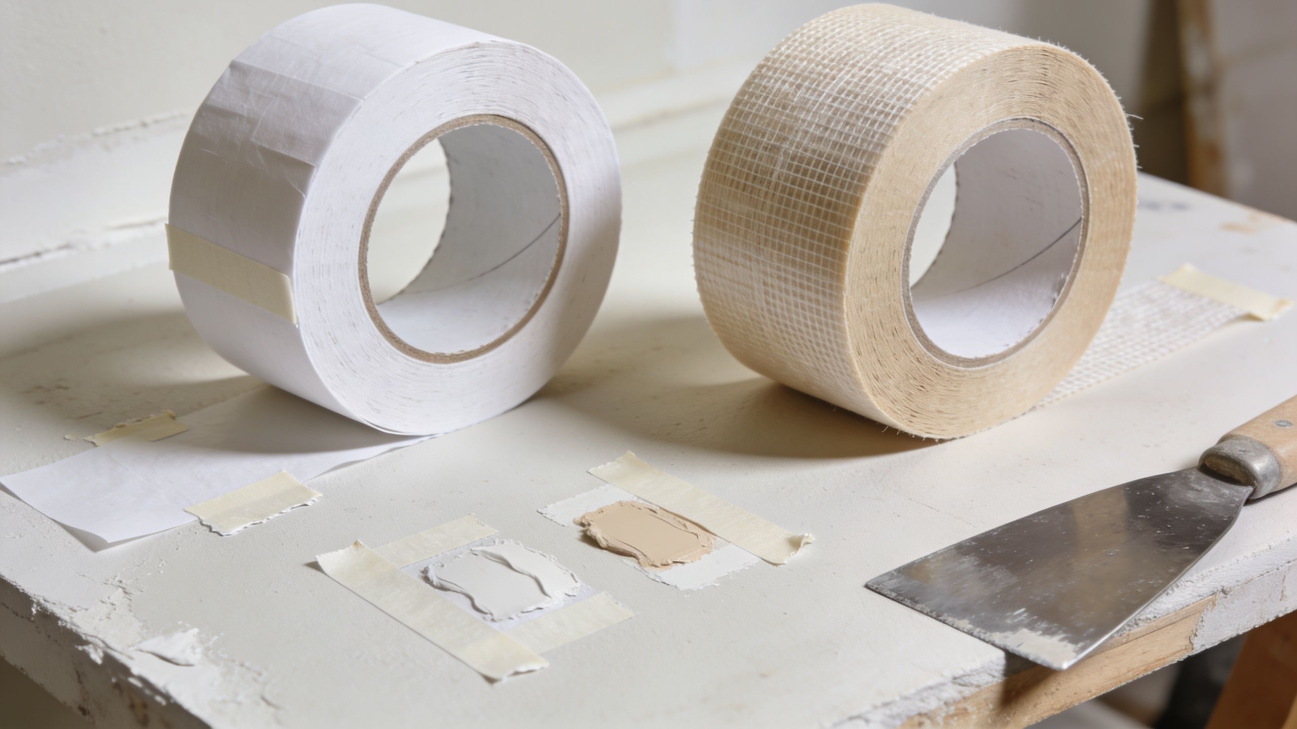 To ruller med gipsbånd, en hvid papirtape og en selvklæbende glasfibertape, placeret på et arbejdsbord med spartelmasseprøver.