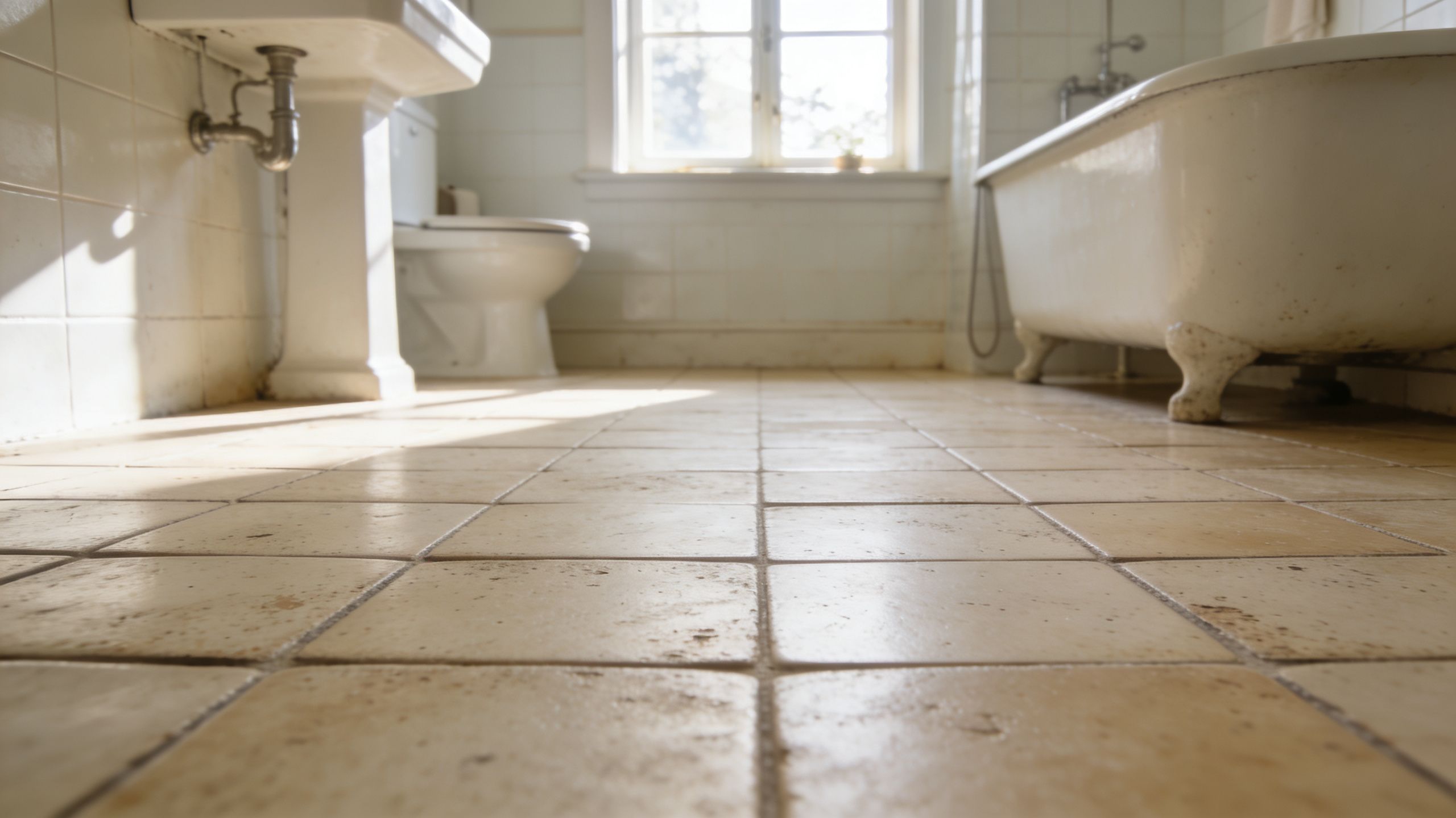 Et lyst og gammelt badeværelse med flisegulv, badekar og toilet i et klassisk renoveringsprojekt.