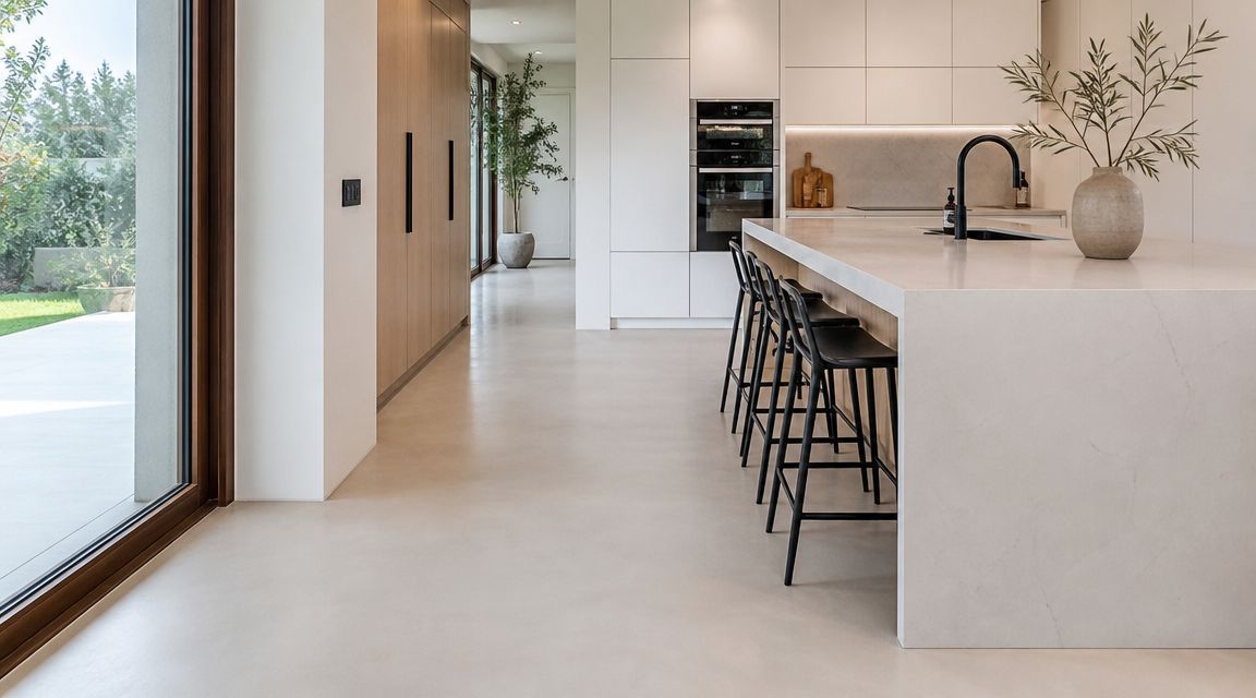 Moderne køkken med en lys køkkenø, sorte barstole, træskabe og et minimalistisk betongulv i en åben planløsning.