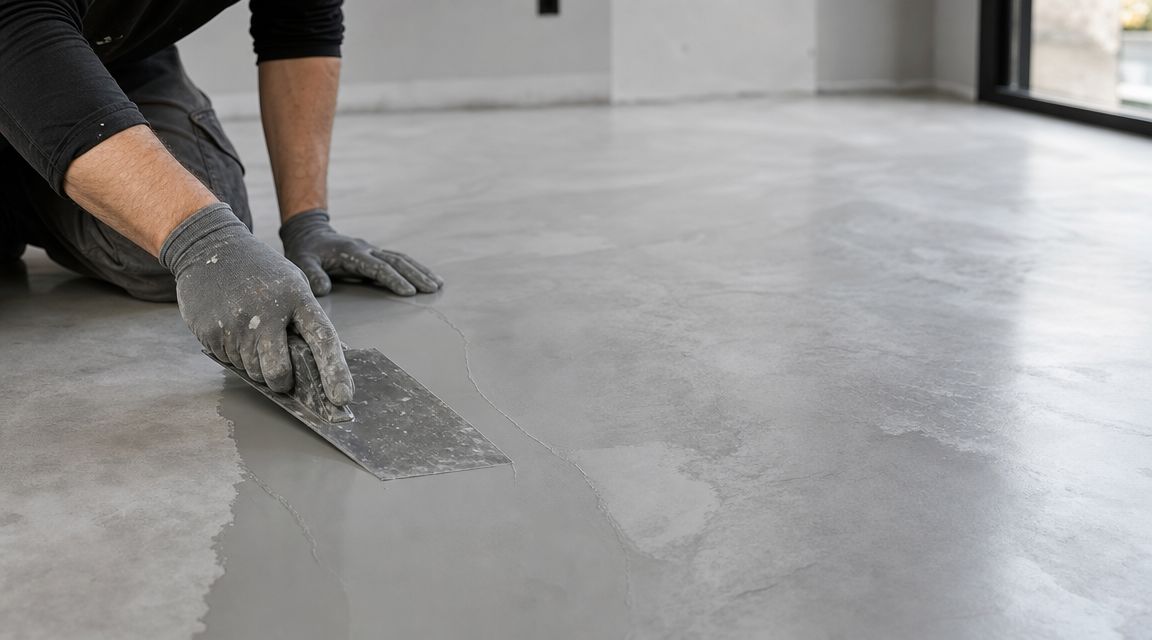 Håndværker der arbejder på et nyt gulv med beton-look ved brug af en spartel på en byggeplads.