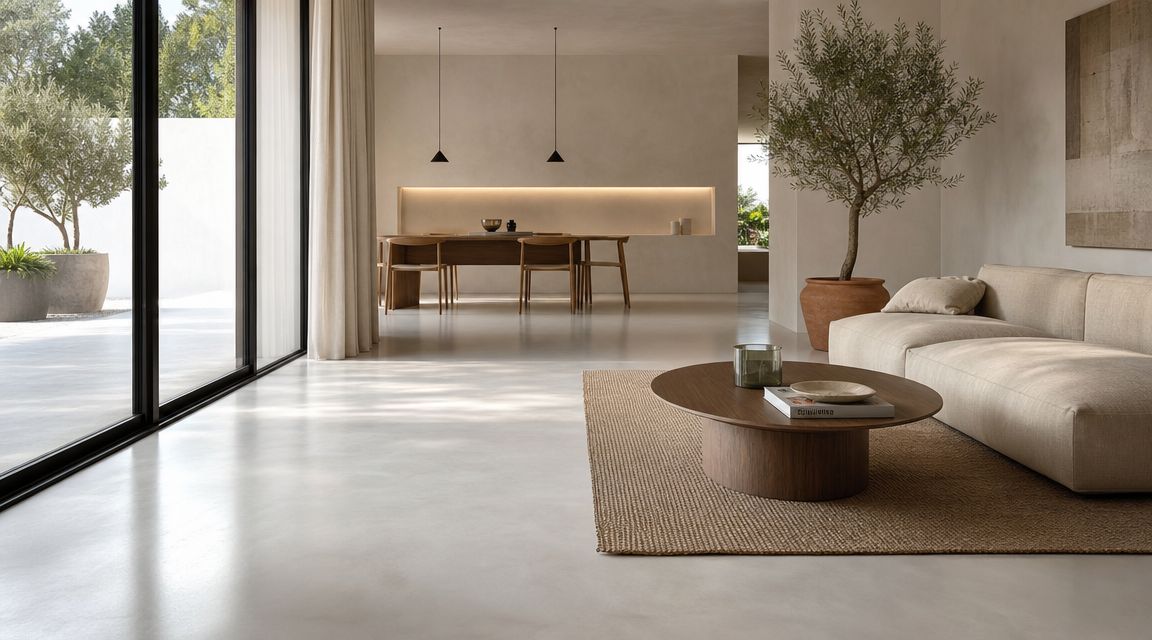 Moderne, åben stue med minimalistisk indretning, glat betongulv, beige sofa og spisestue i baggrunden med naturligt lys.