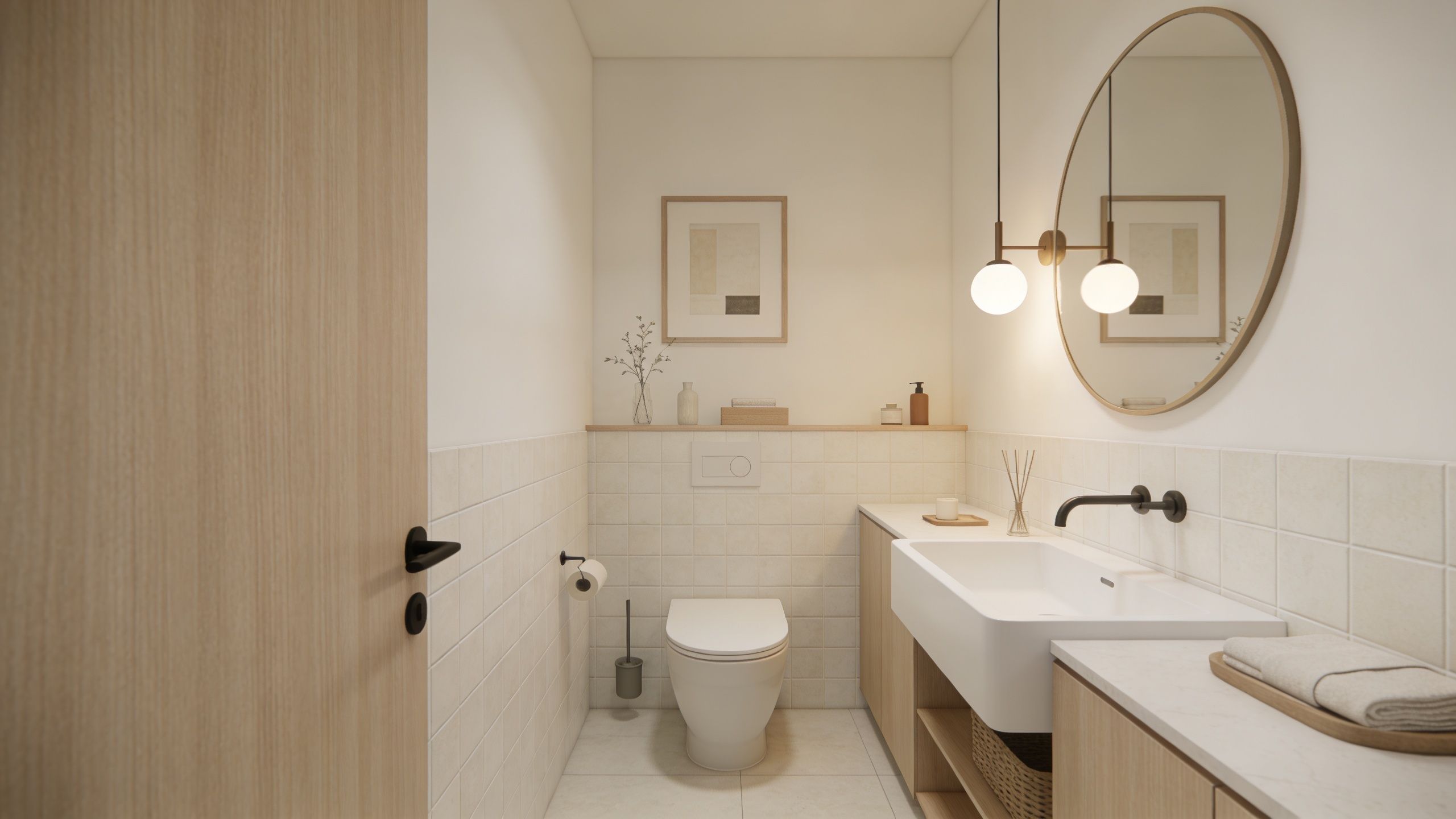 Et moderne minimalistisk badeværelse med flisebelagte vægge, trædetaljer, et væghængt toilet og en stilfuld vask.