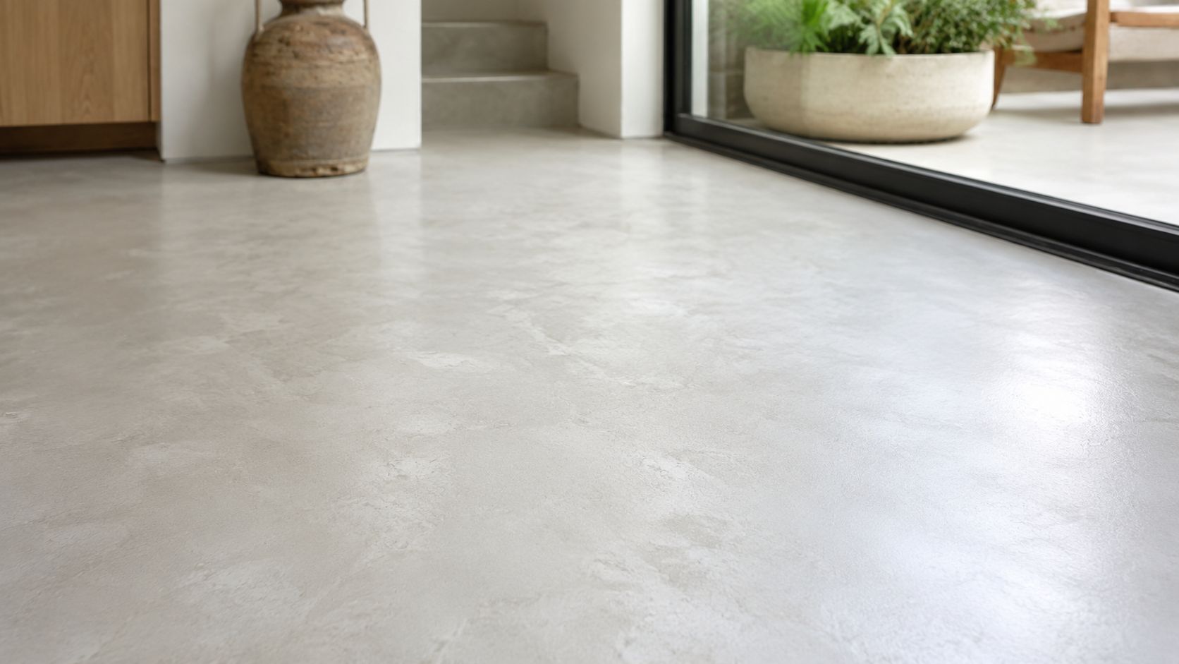 Et moderne, lyst gulv med en elegant betonfinish, der skaber et stilrent og minimalistisk udtryk i indretningen.