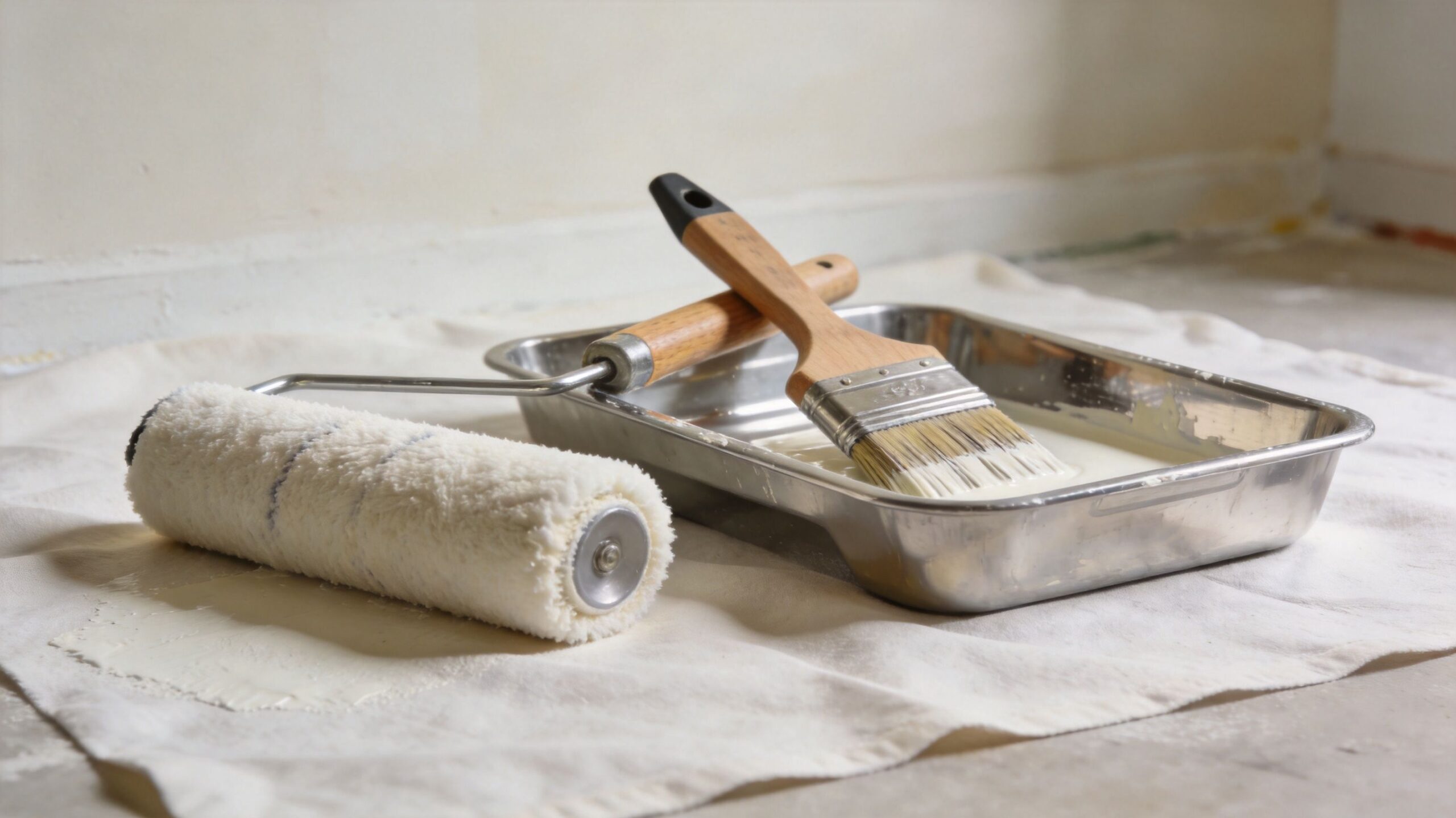 Malerrulle og pensel placeret i en metalbakke med hvid maling ovenpå en hvid beskyttelsesdug på gulvet.