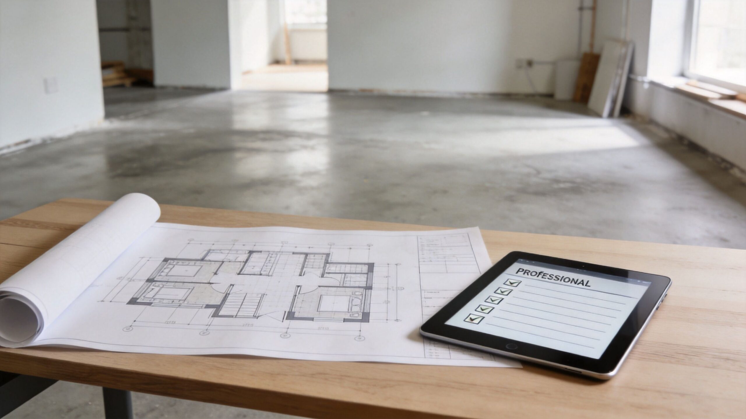 Arkitekttegninger og en tablet med tjekliste på et træbord i et rum med råt betongulv.