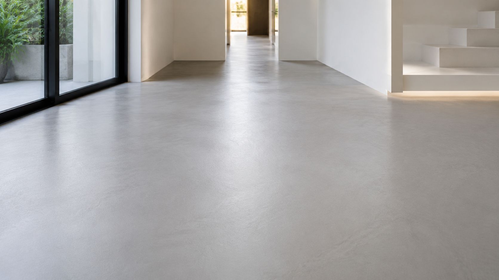 Et moderne, lyst interiør med et glat, gråt epoxy- eller flydespartelgulv og minimalistisk arkitektur i baggrunden.