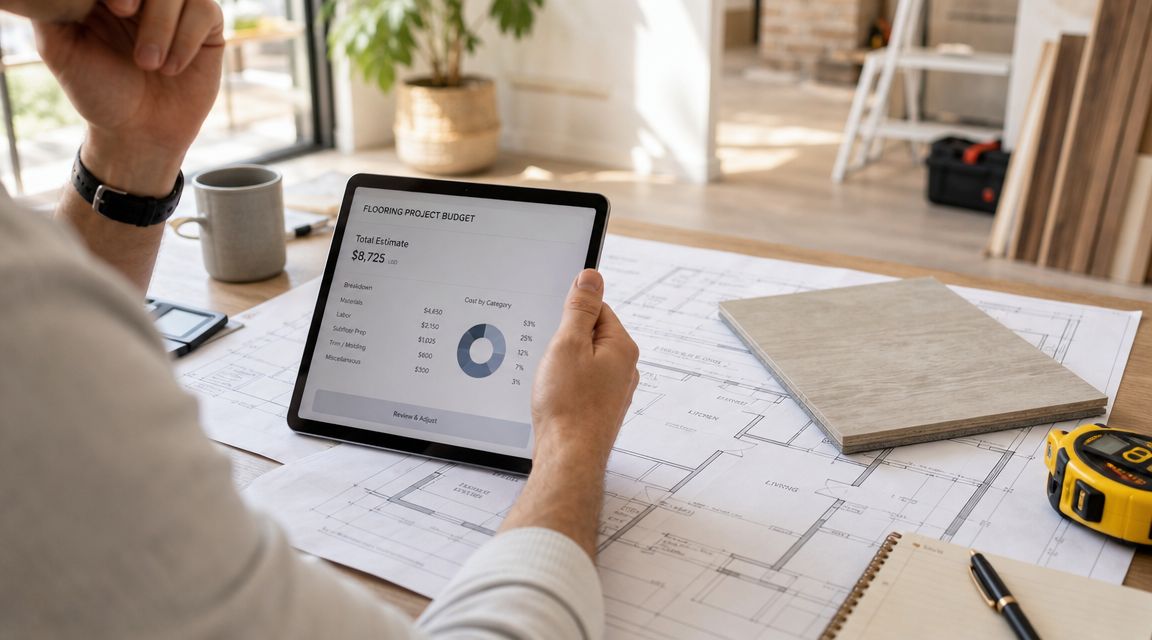 En person sidder ved et skrivebord med byggetegninger og en tablet, der viser et gulvprojektbudget.