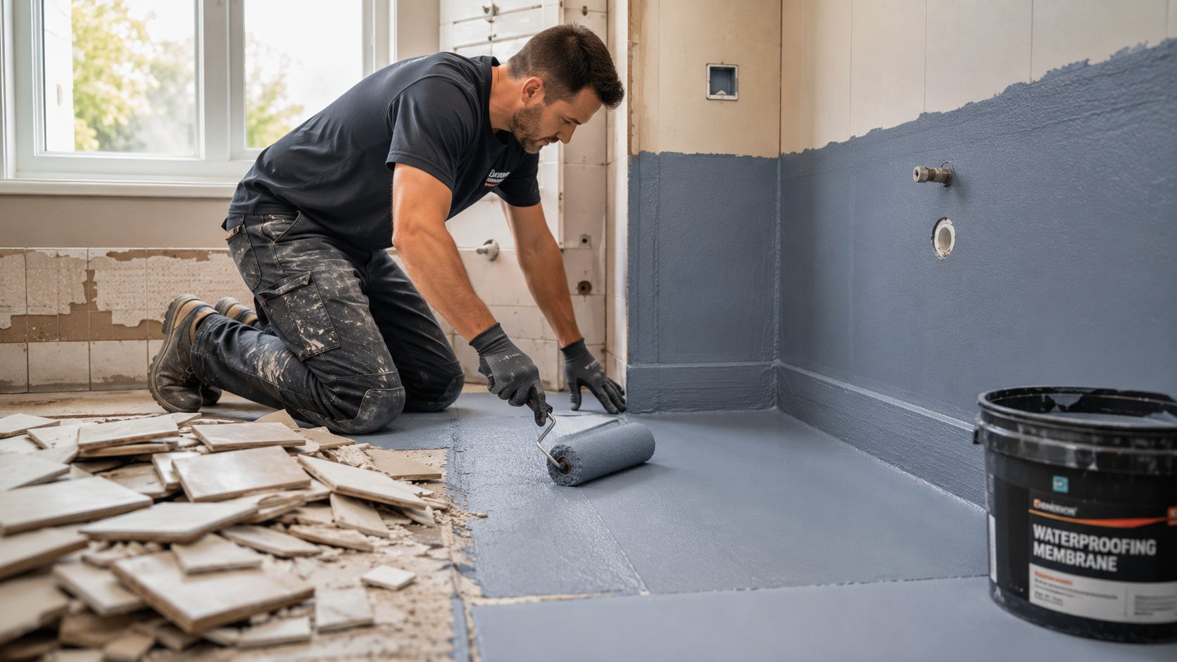 En håndværker knæler på gulvet og påfører grå vådrumsmembran med en malerrulle under badeværelsesrenovering.