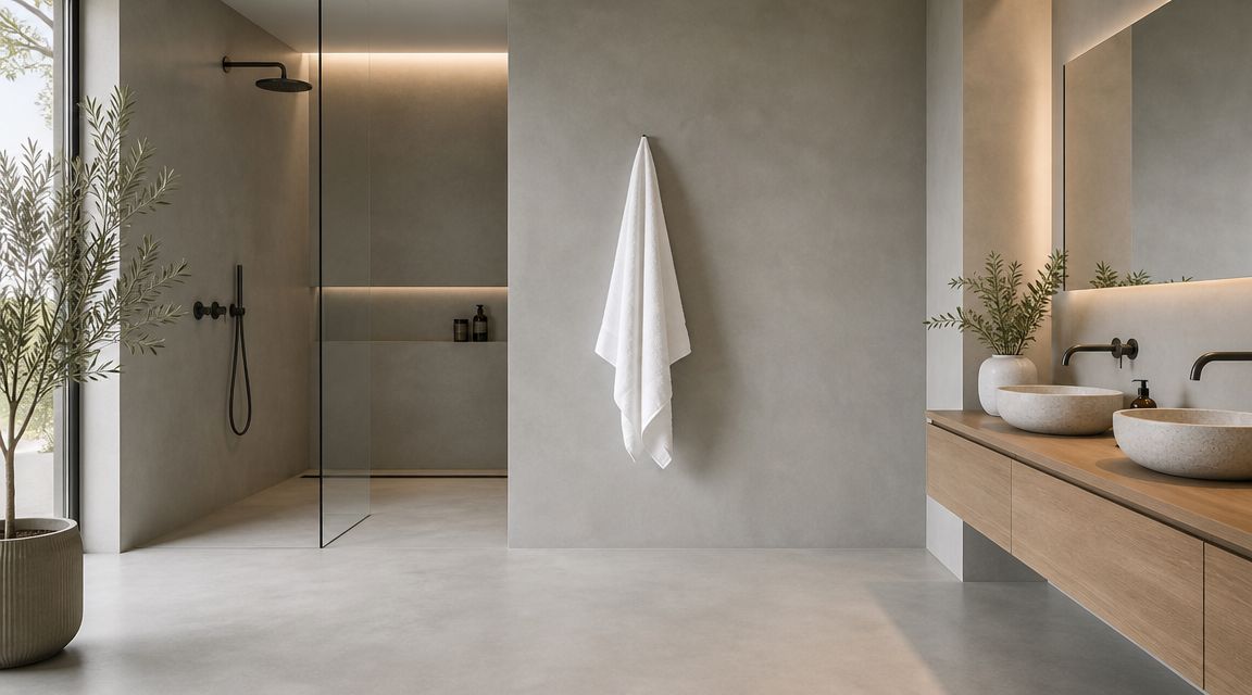 Et moderne minimalistisk badeværelse med betonvægge, hvidt håndklæde, træbordplade og to sten-håndvaske i en spa-lignende indretning.