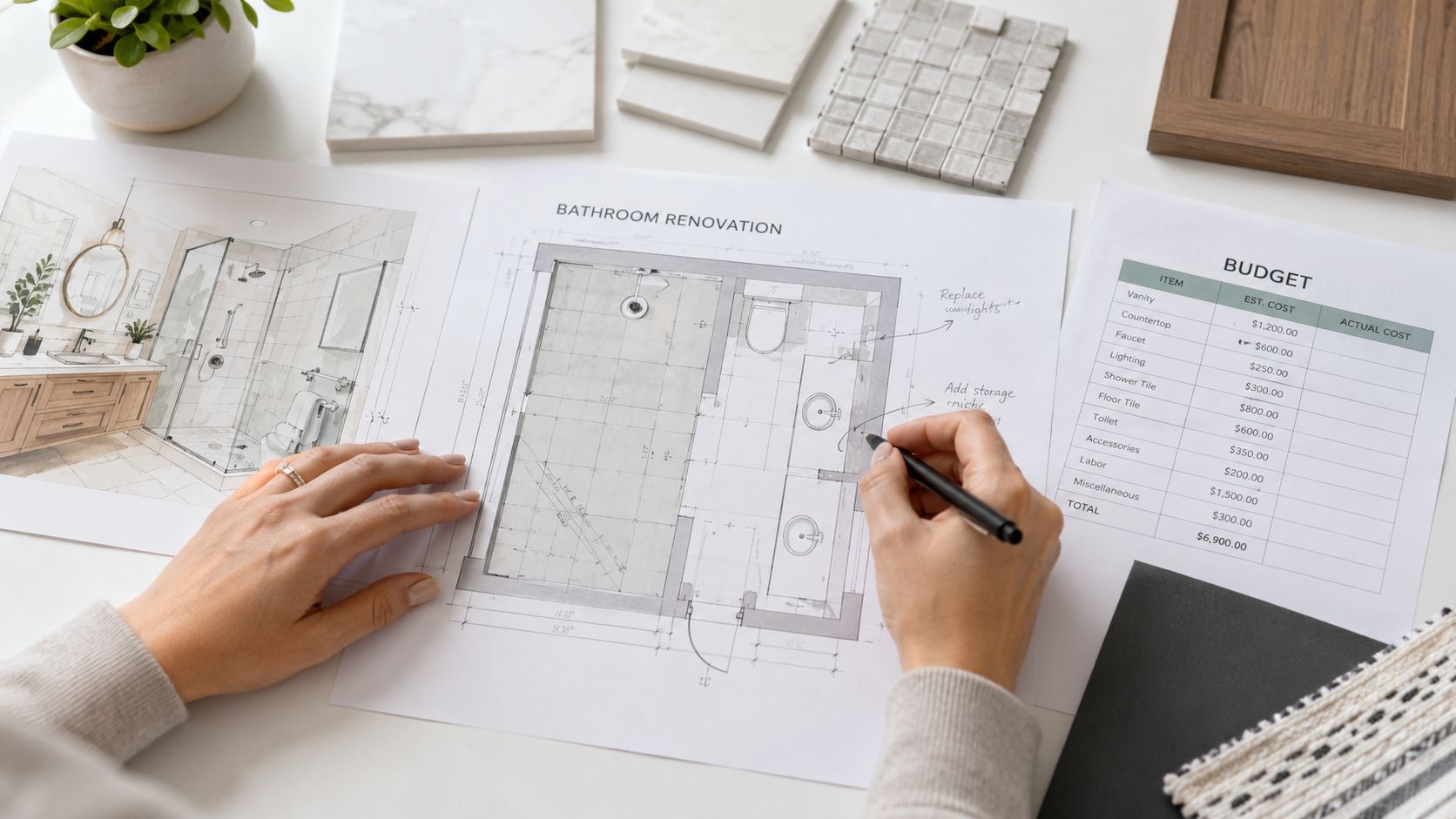 En person planlægger en omfattende renovering af badeværelse med arkitekttegninger, budgetoversigt og forskellige materialeprøver på et skrivebord.