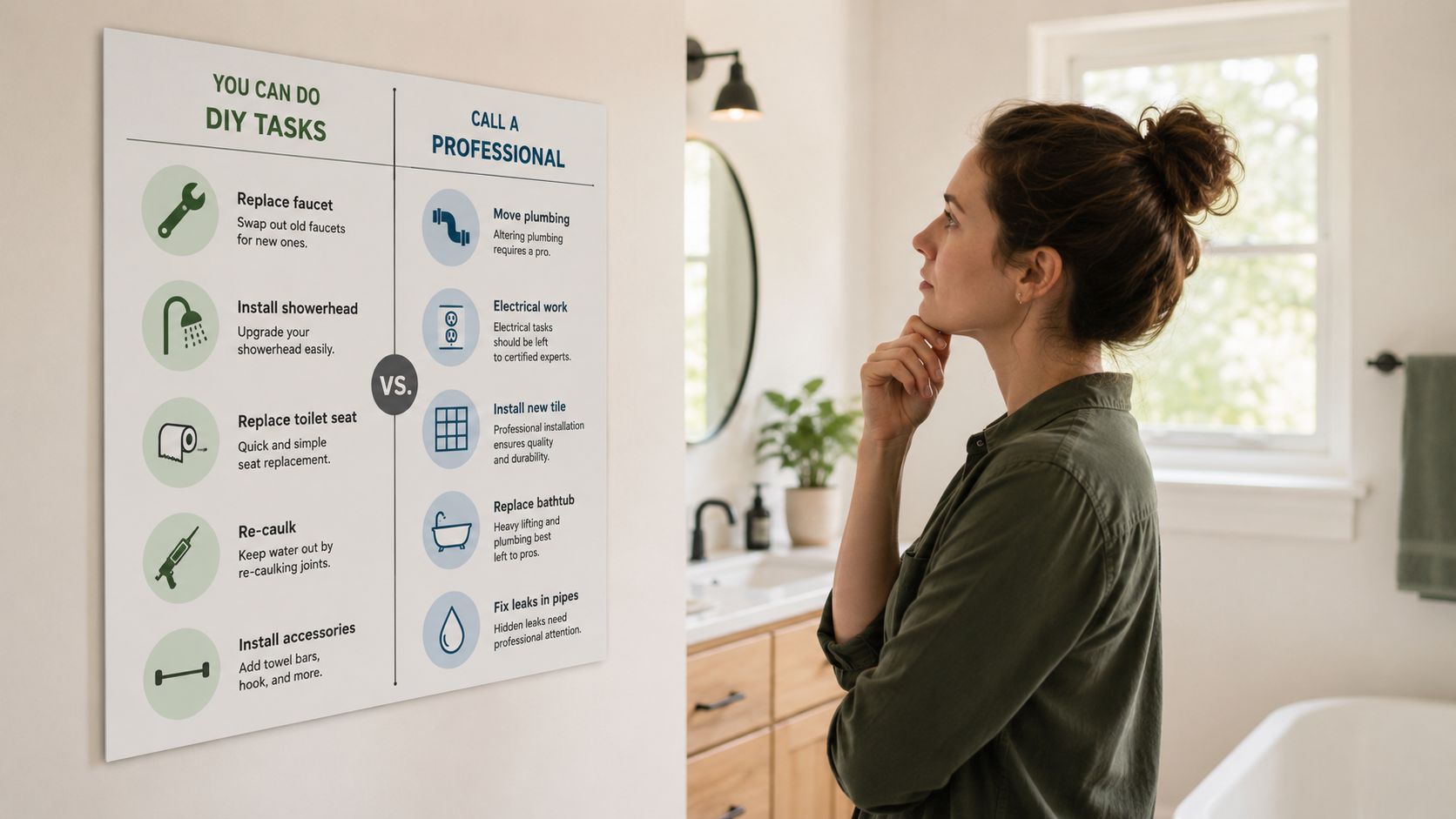 Kvinde kigger på en infografik over gør-det-selv-opgaver og professionelle opgaver på et badeværelse.