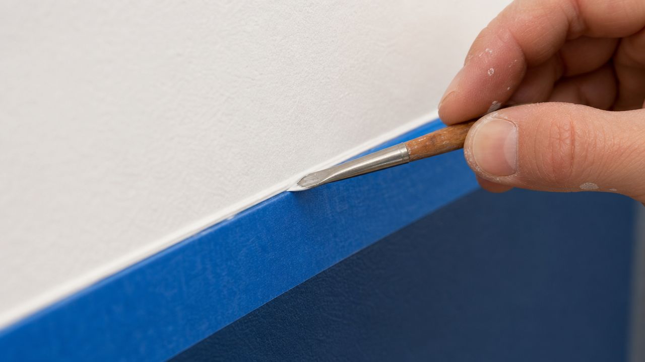 En hånd bruger en lille pensel til at male en præcis hvid kant på en væg.