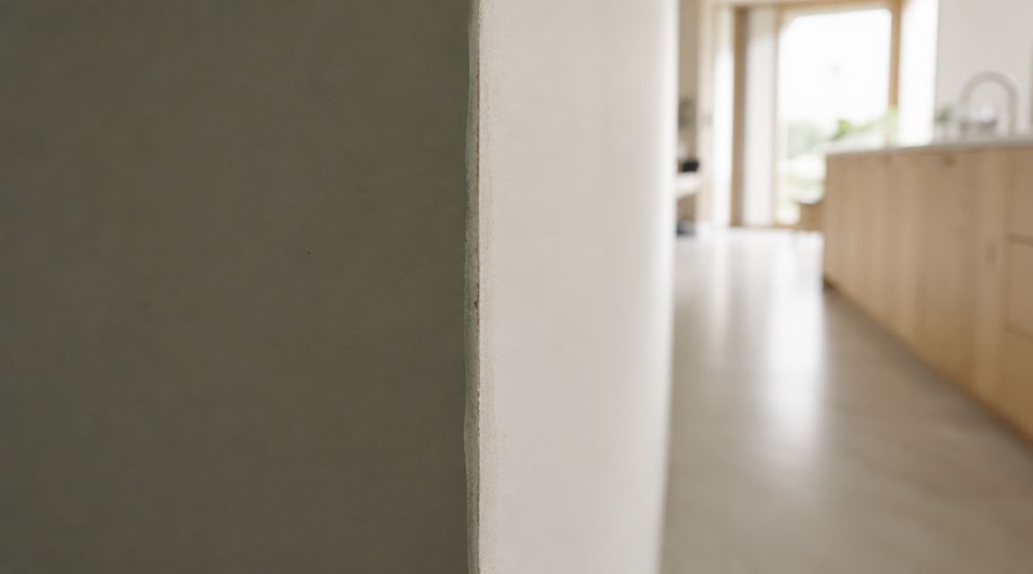 En detalje af en glat malet væg med en tydelig hvid kant i et lyst moderne køkkenmiljø.