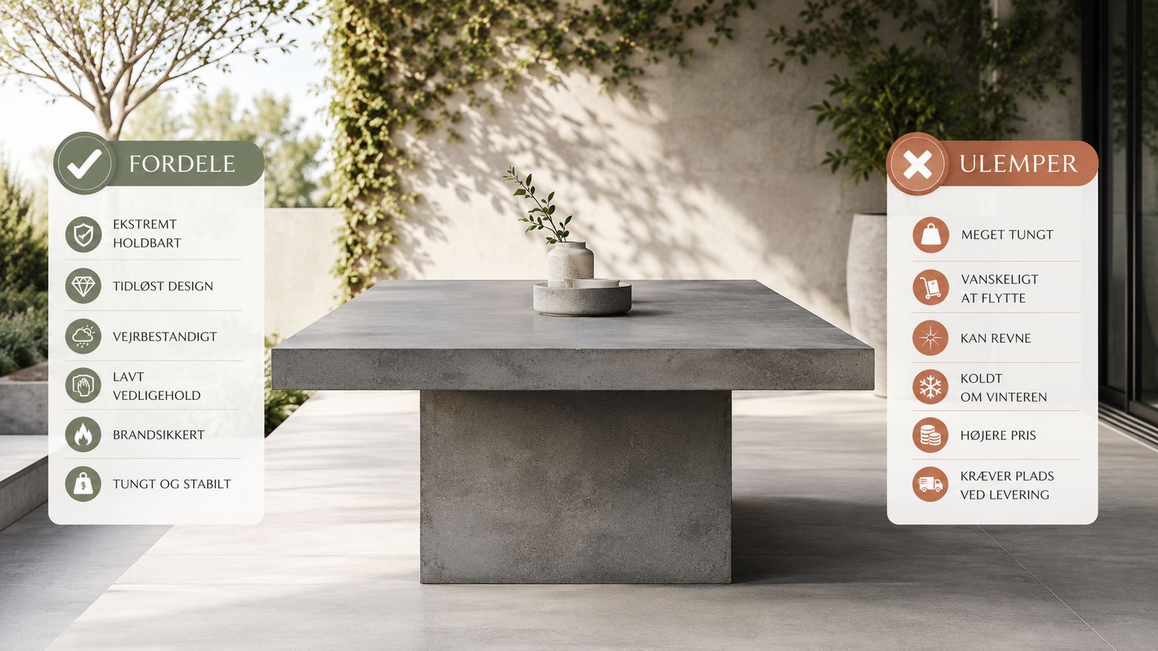 Et moderne, gråt spisebord i beton placeret udendørs med en liste over fordele og ulemper ved materialet.