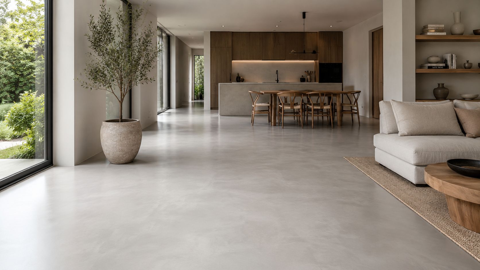 Moderne stue med åbent køkken og et elegant beton look gulv samt minimalistisk indretning i naturmaterialer.