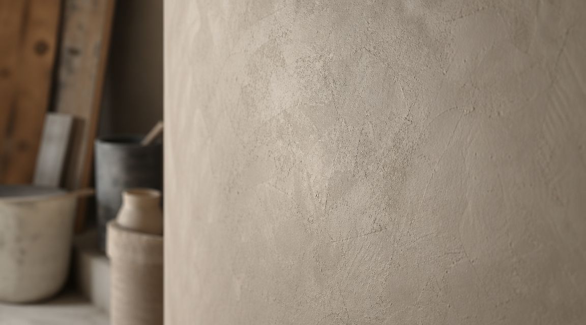 Nærbillede af en væg med betonlook i en neutral beige farve med en rustik og tekstureret overflade.