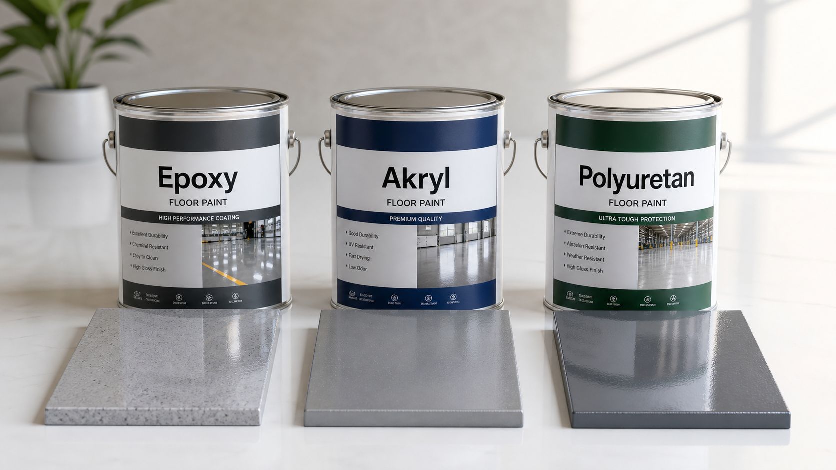 Tre dåser gulvmaling med etiketter for Epoxy, Akryl og Polyuretan placeret på et hvidt bord med prøver.