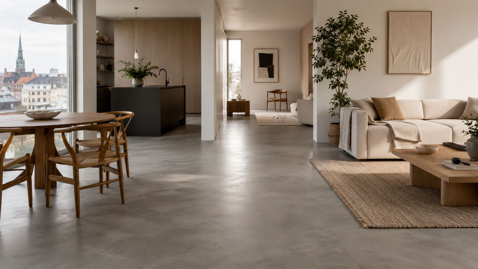 Moderne åbent opholdsrum med flydende betongulv, stilfulde træmøbler, en behagelig beige sofa og store panoramavinduer med byudsigt.