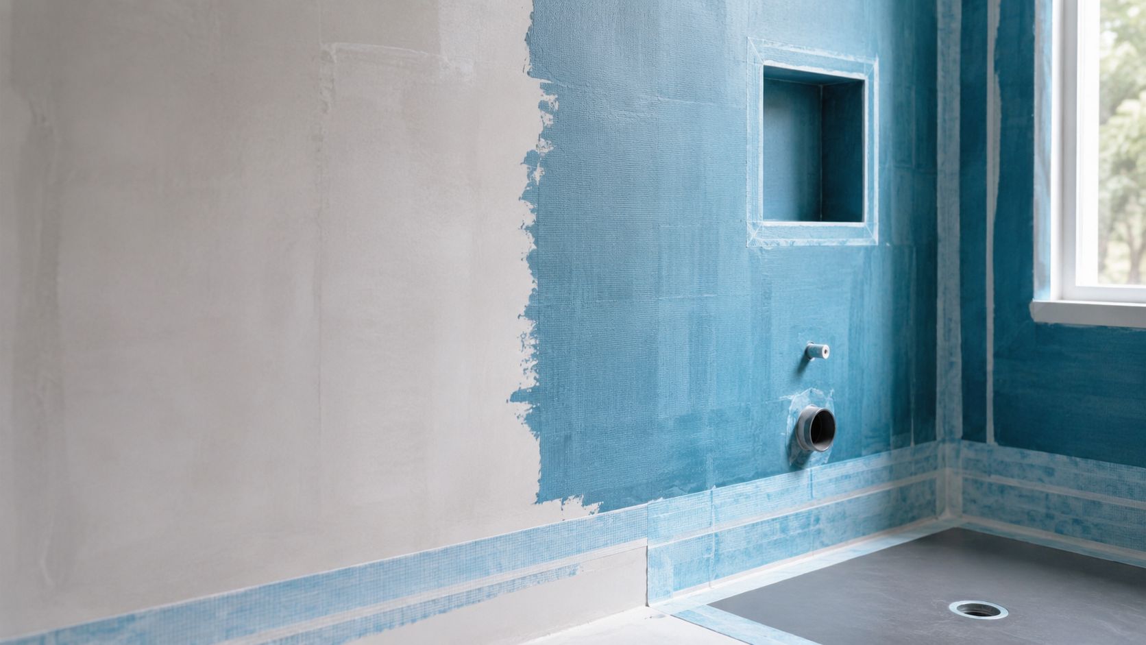 Renovering af badeværelse hvor væggene er delvist behandlet med blå fugtspærre omkring en indbygget bruseniche.