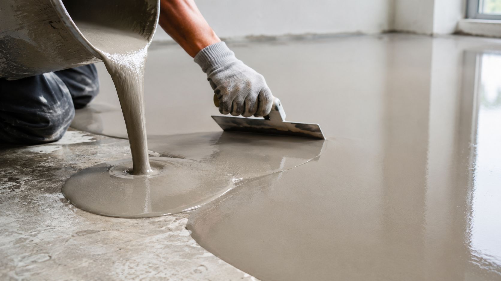 En håndværker hælder flydende beton ud på et gulv og fordeler massen jævnt med et pudsebræt.