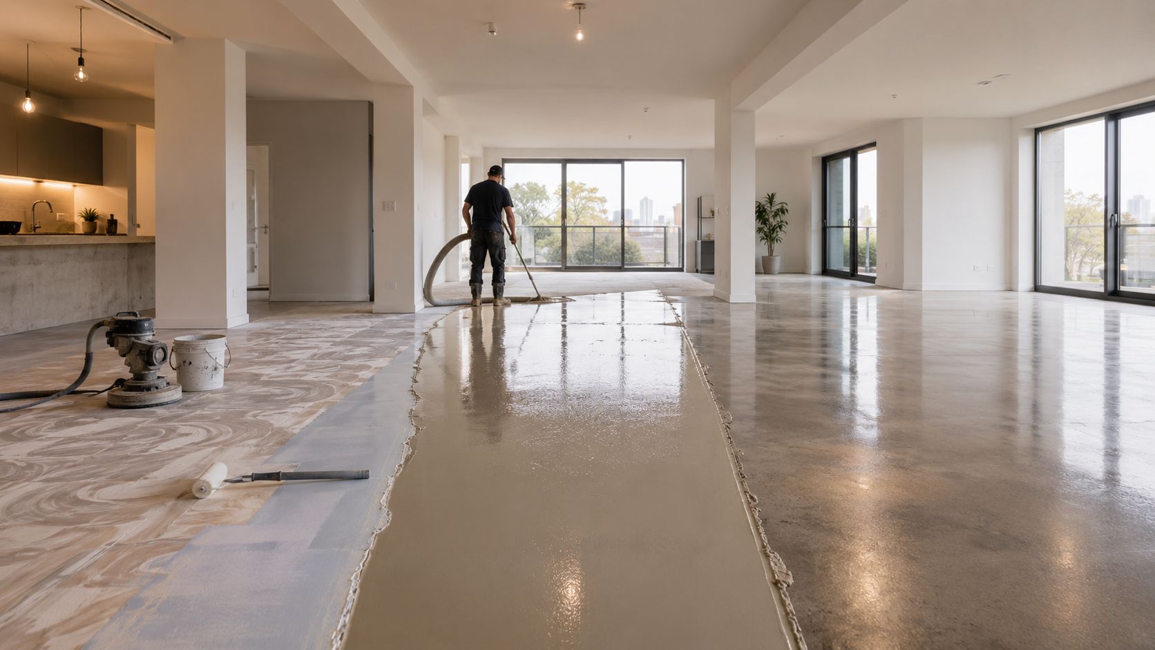 En håndværker arbejder på at udlægge et nyt, glat lag flydende beton på gulvet i en moderne lejlighed.