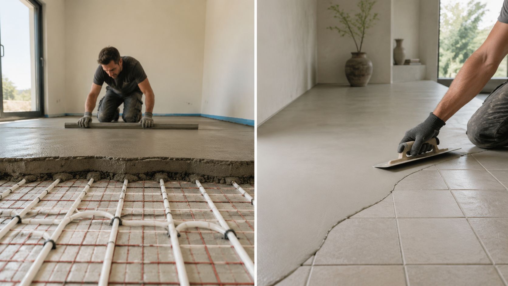 En professionel håndværker arbejder med udlægning af flydende beton og gulvafretning i et moderne husprojekt.