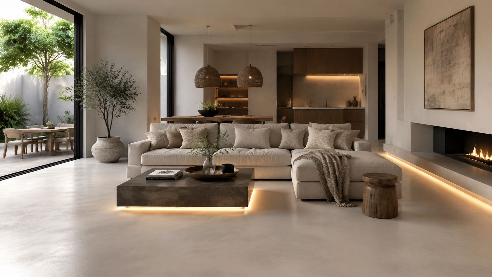 Moderne stue med microcement gulv og gulvvarme, der skaber en varm og indbydende atmosfære i et minimalistisk hjem.
