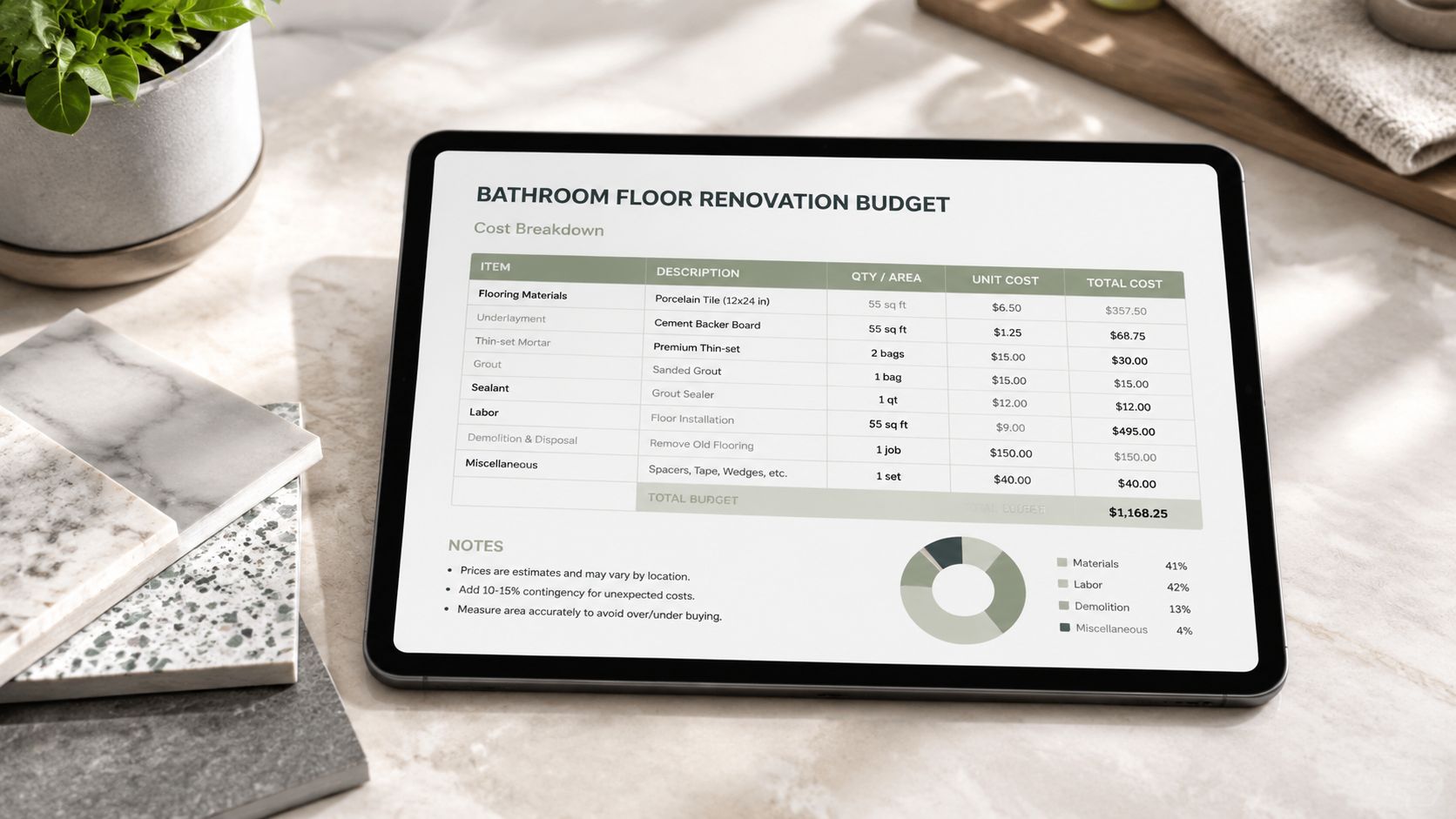En tablet viser et budgetoverslag for renovering af badeværelsesgulv med priser for materialer, arbejdskraft og diverse omkostninger.