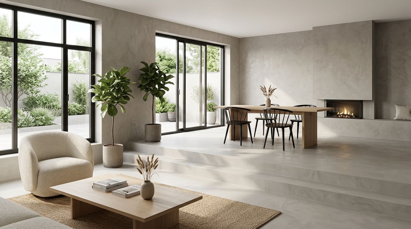 Moderne stue med åbent køkkenalrum, pejs, stilrene møbler og store gulv-til-loft vinduer ud mod en grøn gårdhave.
