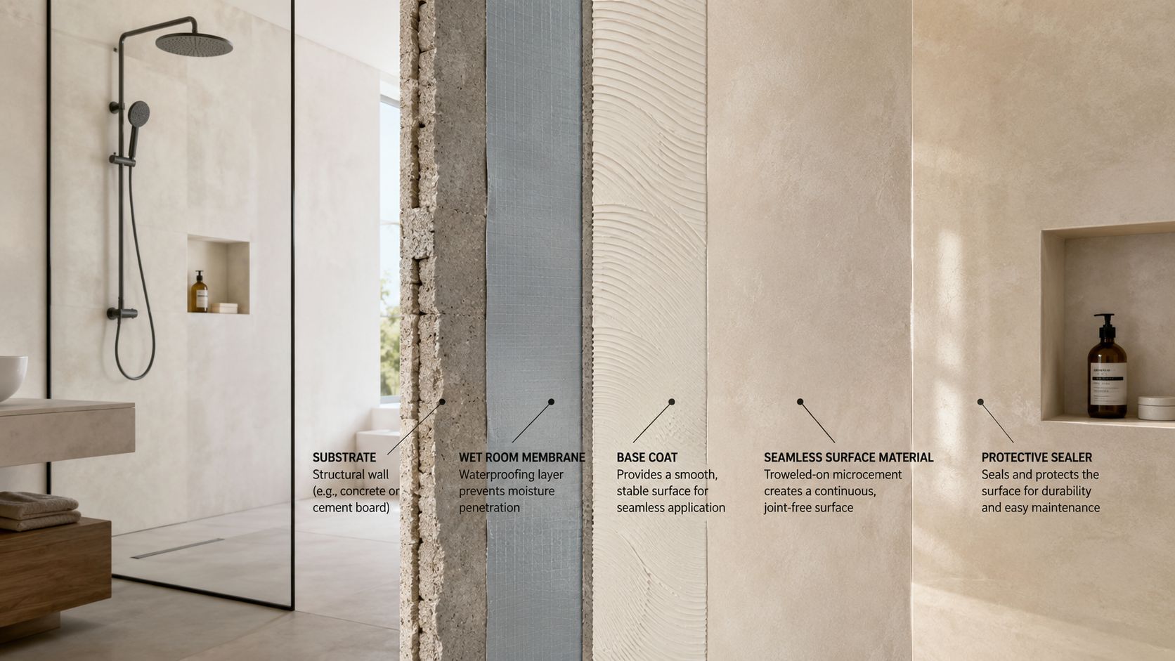 Illustration af lagene i en vægkonstruktion til et moderne badeværelse med microcement og vandtæt membran.