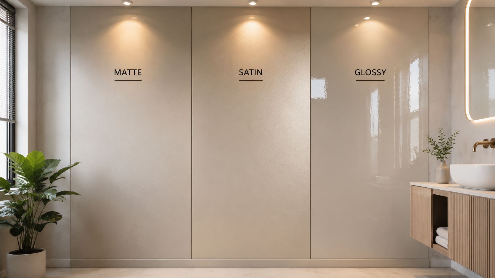 Tre forskellige overfladetyper på badeværelsesvægge vist med teksterne mat, satin og blank finish i et moderne badeværelsesmiljø.