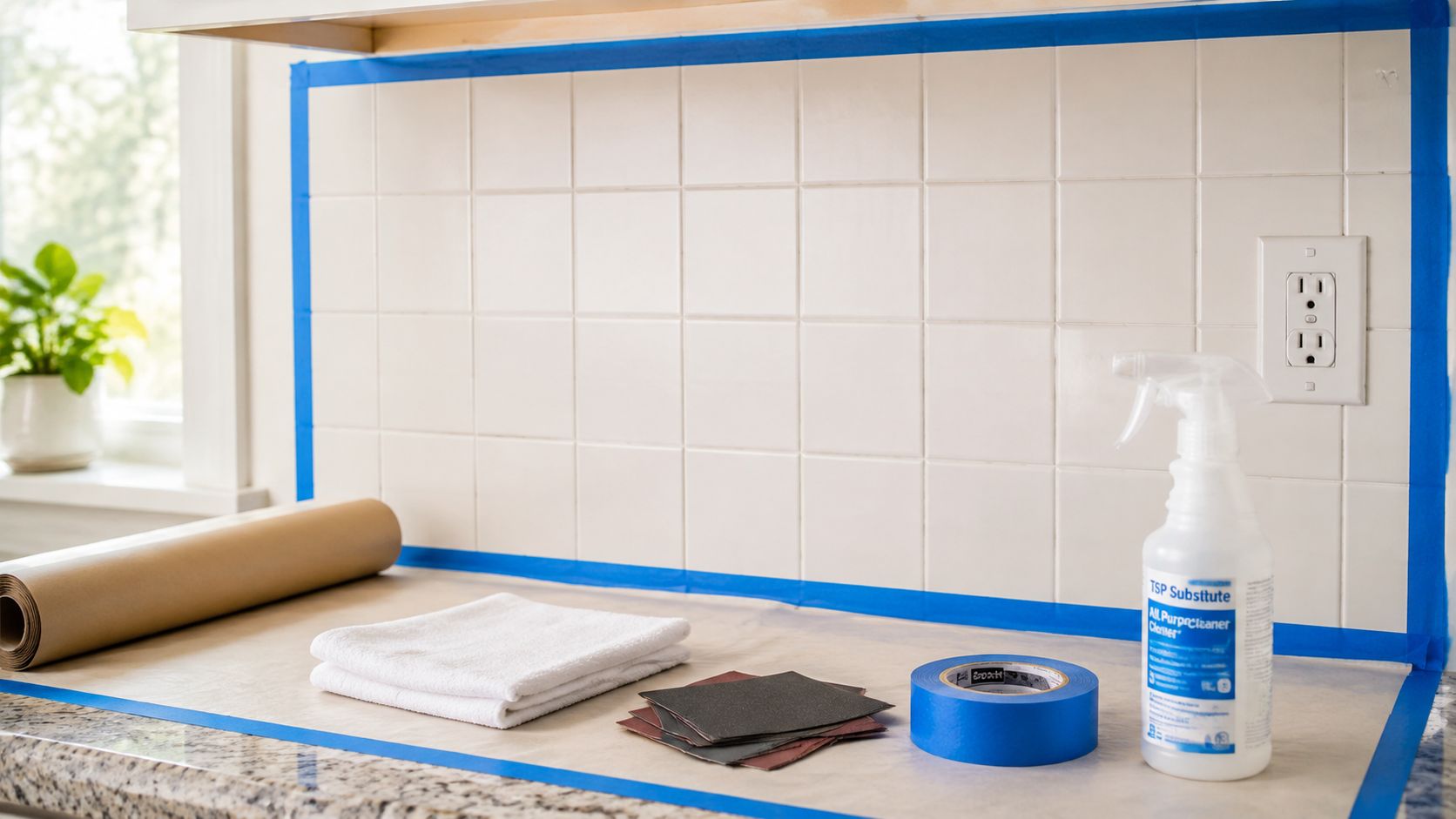 Køkkenbord med tape, rengøringsmiddel, klud og slibepapir klar til forberedelse af fliser der skal males i køkkenet.