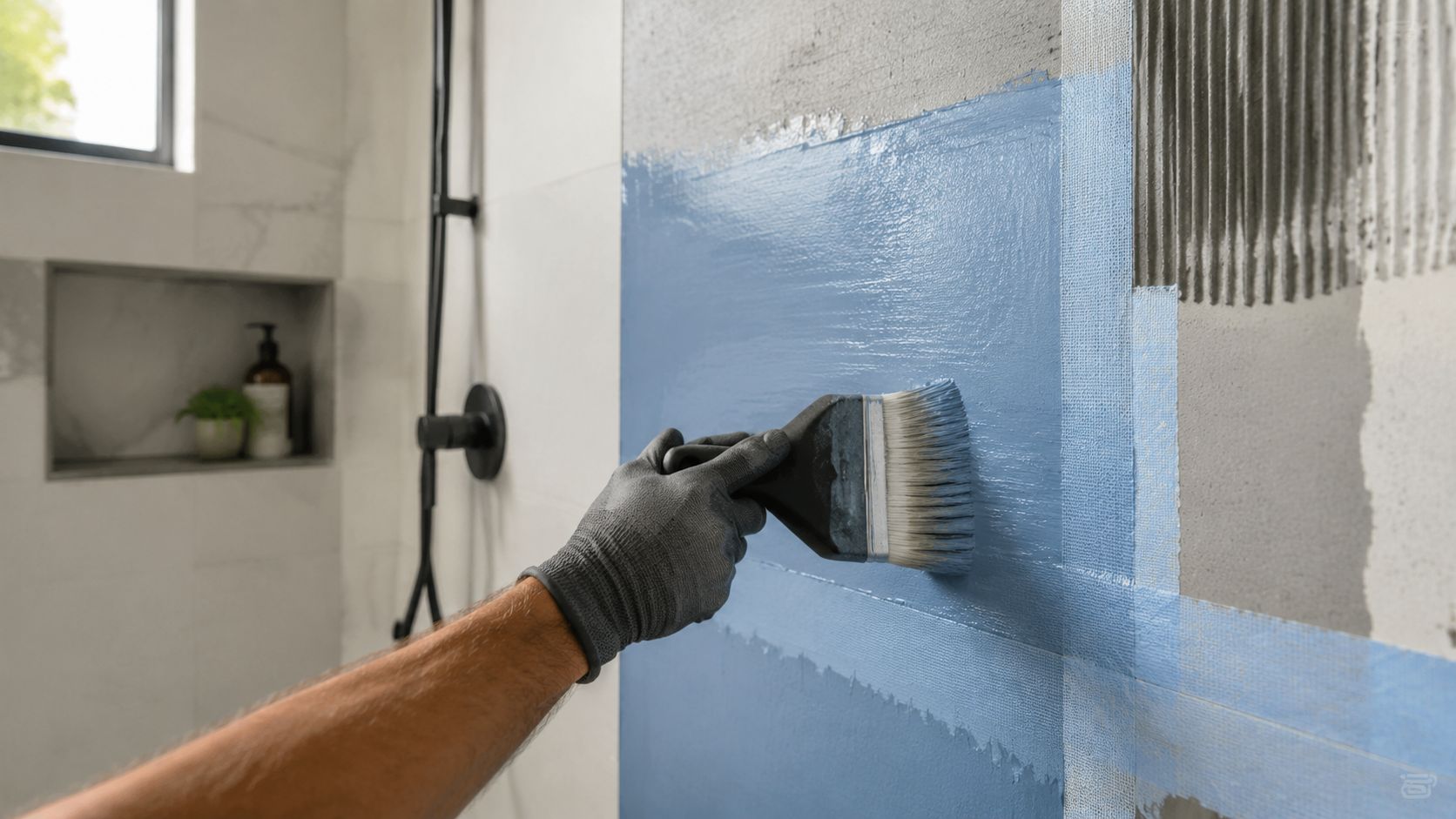 En person bærer arbejdshandsker og påfører blå vådrumsmembran på en væg under renovering af badeværelse
